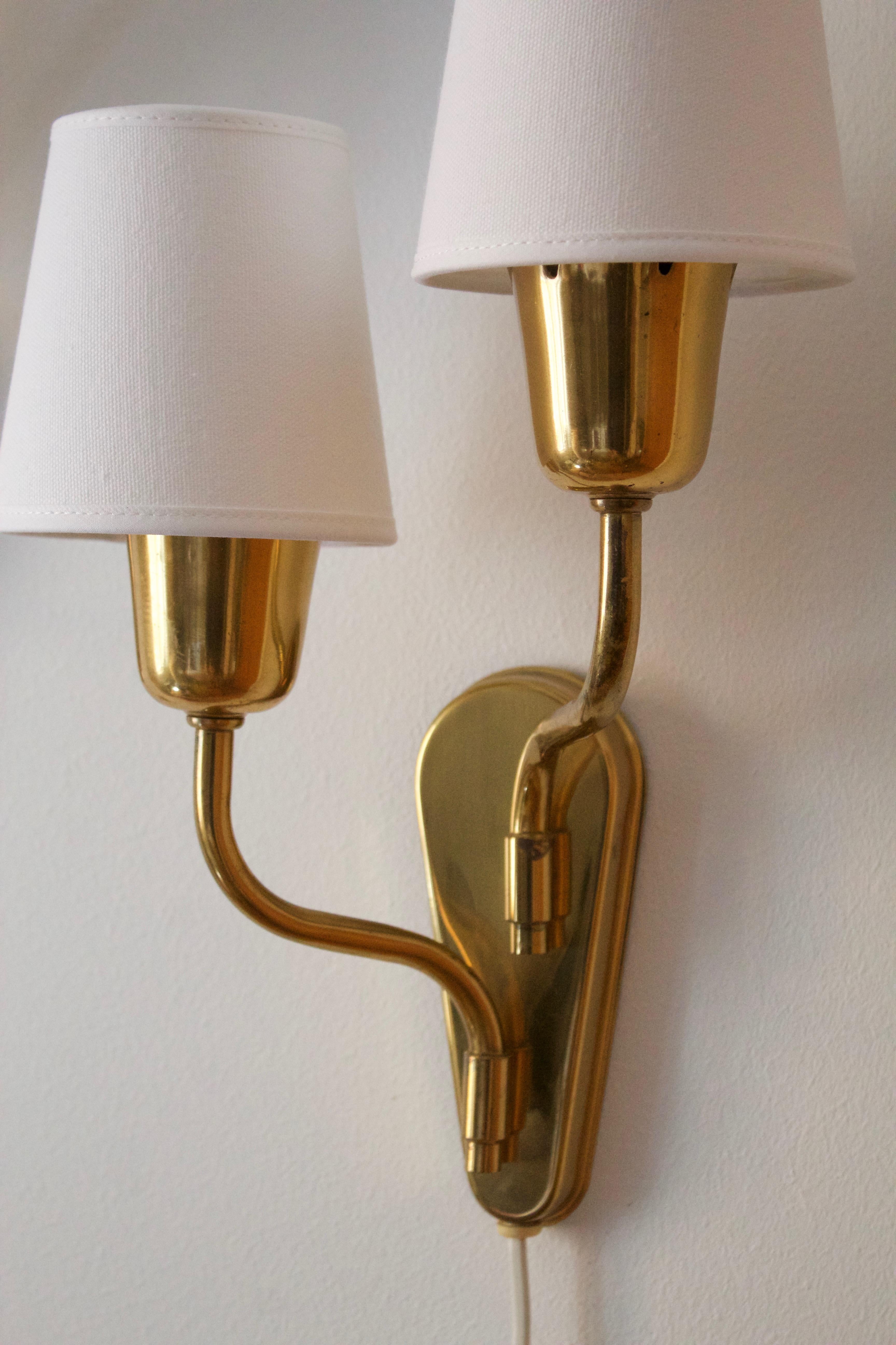 Swedish Designer, Two-Arm Wall Lights / Sconces Brass, Fabric, Sweden, C. 1950s 1