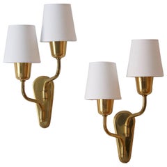 Swedish Designer, Two-Arm Wall Lights / Sconces Brass, Fabric, Sweden, C. 1950s