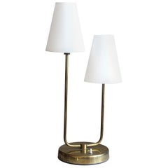 Swedish Designer, Two-Armed Table Lamp, Brass, Fabric, Sweden, 1940s
