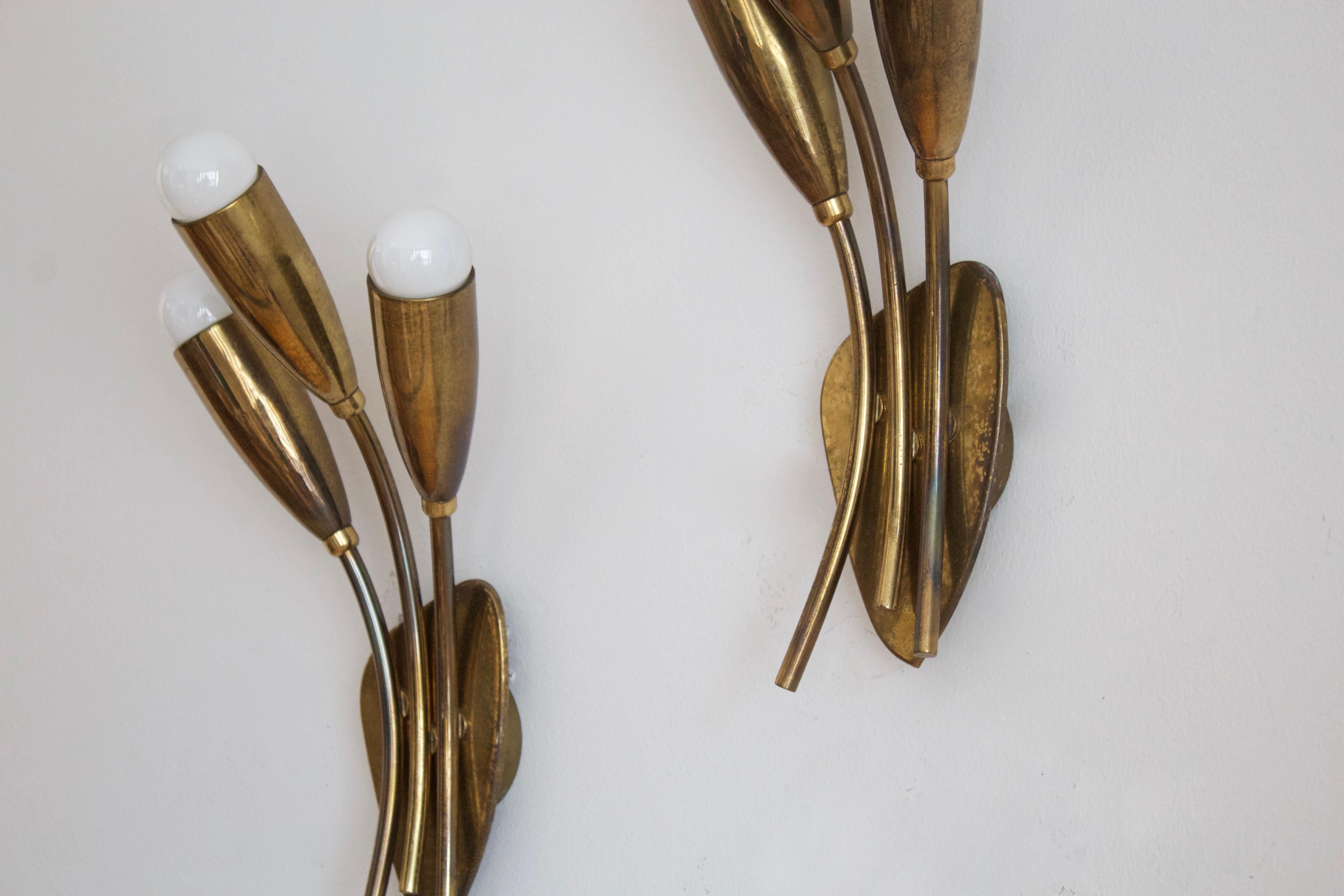 Swedish Designer, Two-Armed Wall Lights, Brass, Sweden, 1950s In Good Condition In High Point, NC