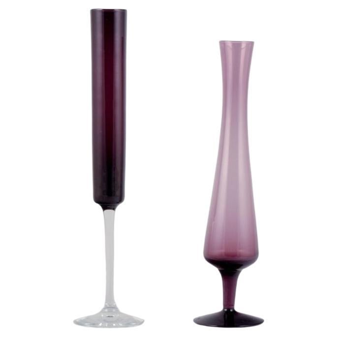 Swedish designer, two vases in violet and clear mouth-blown glass. For Sale