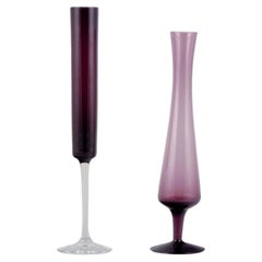 Swedish designer, two vases in violet and clear mouth-blown glass.