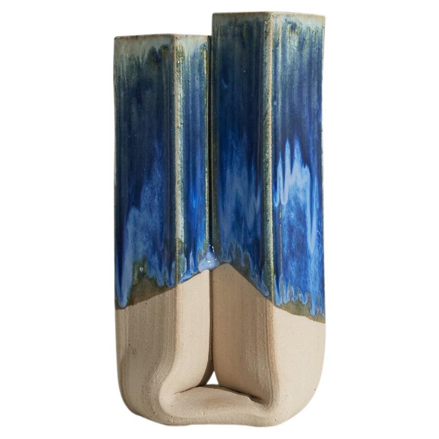 Swedish Designer, Vase, Blue and Beige-Glazed Stoneware, Sweden, C. 1970s For Sale