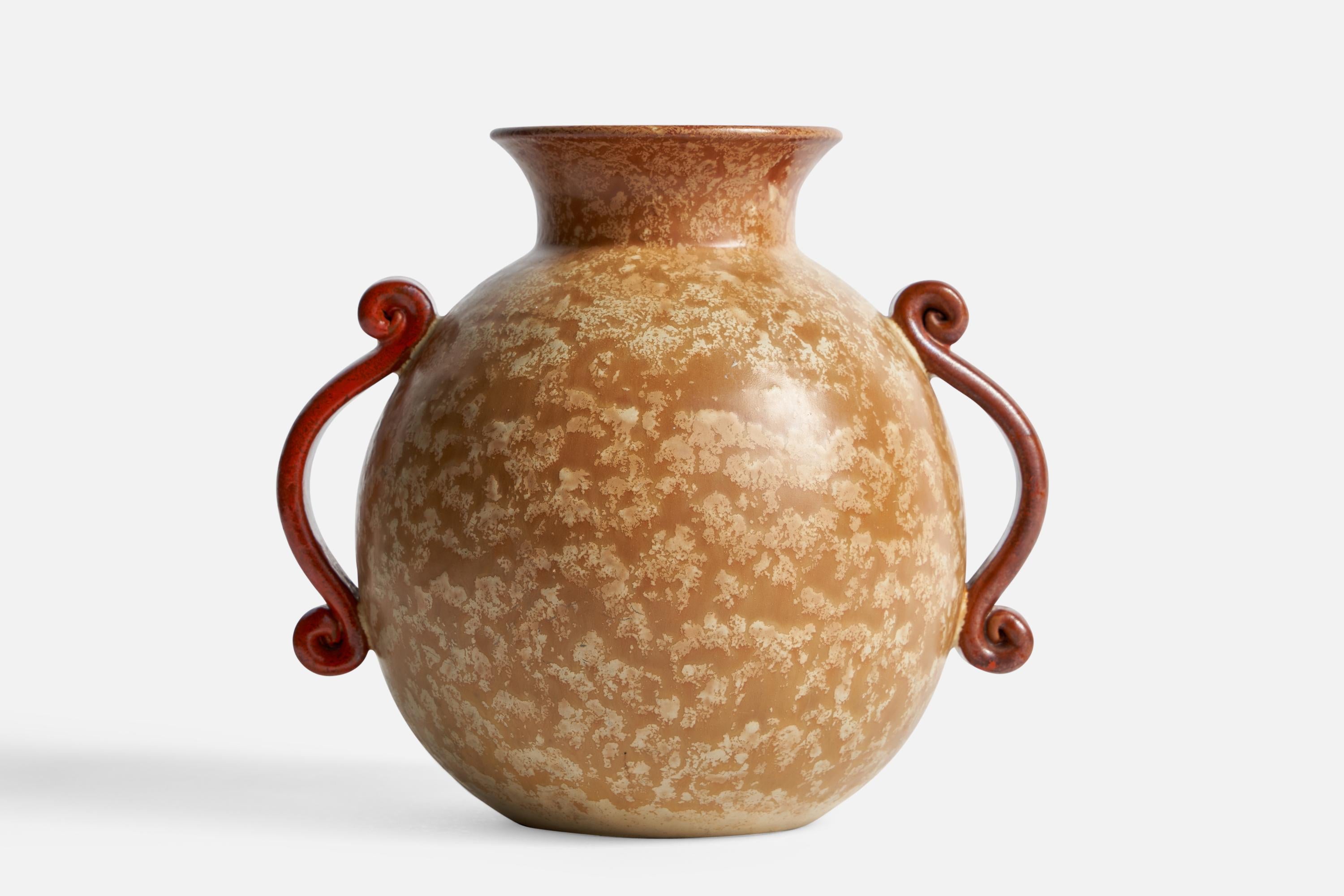 An orange and beige-glazed ceramic vase designed and produced in Sweden, c. 1930s.