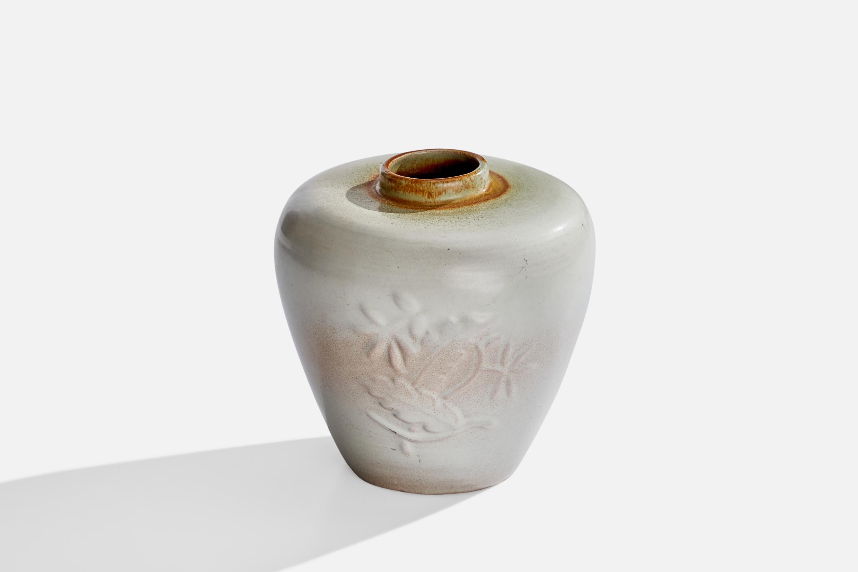 A light-grey and brown-glazed ceramic vase designed and produced in Sweden, 1930s.