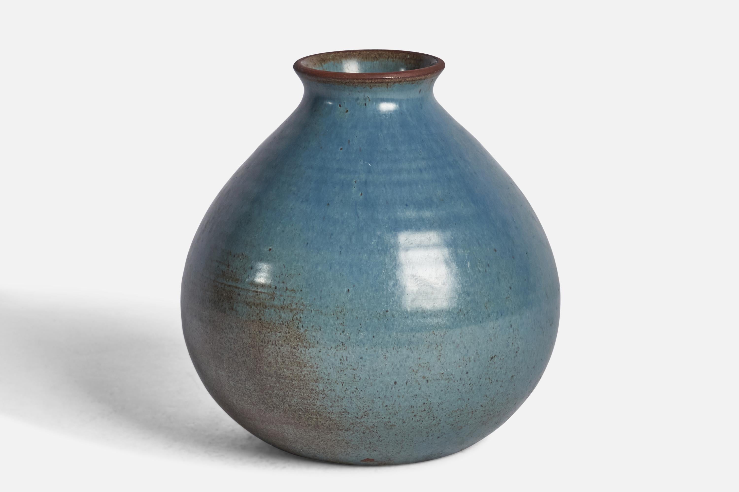 A blue-glazed ceramic vase designed and produced in Sweden, c. 1940s.