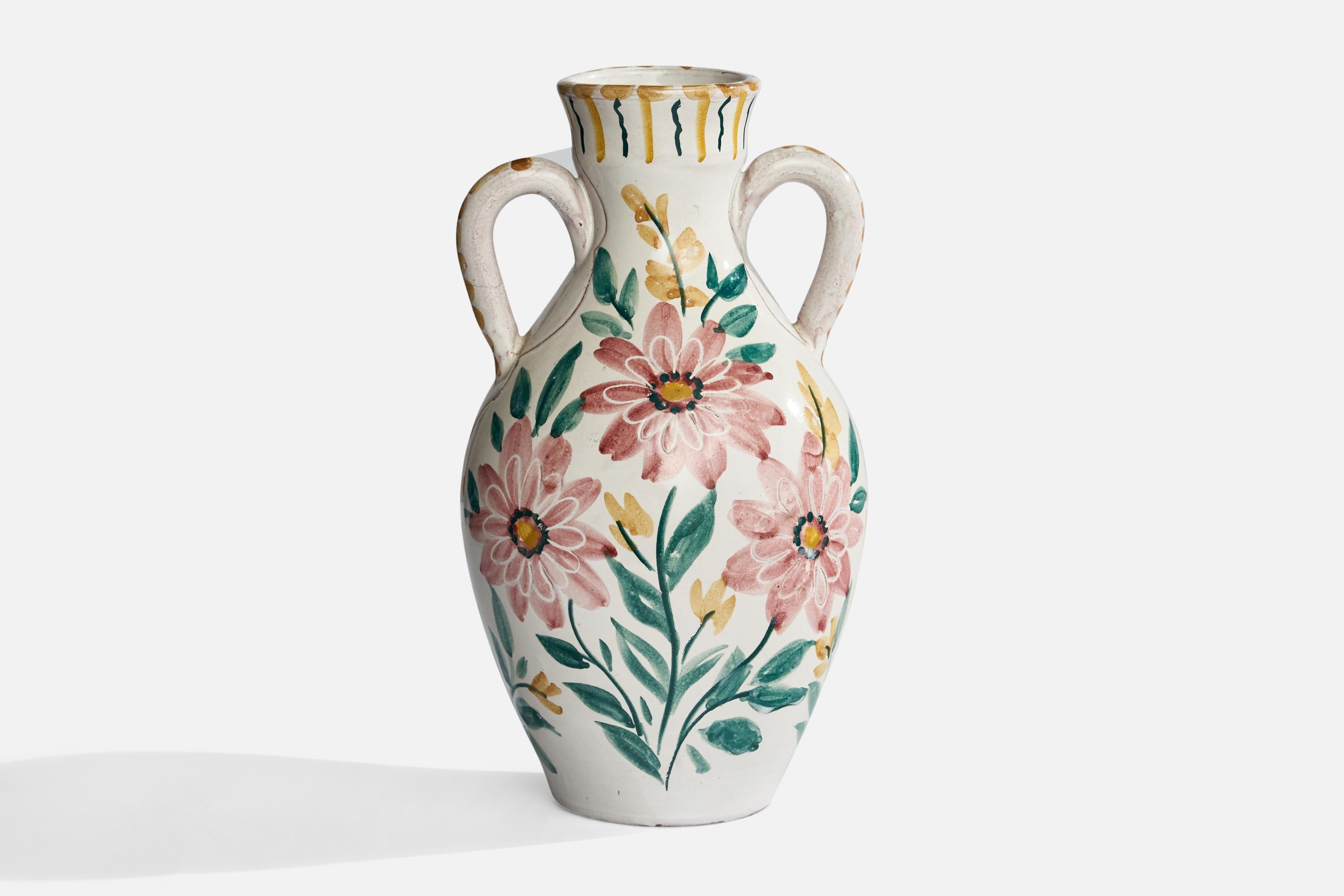A hand-painted white ceramic vase designed and produced in Sweden, 1940s.