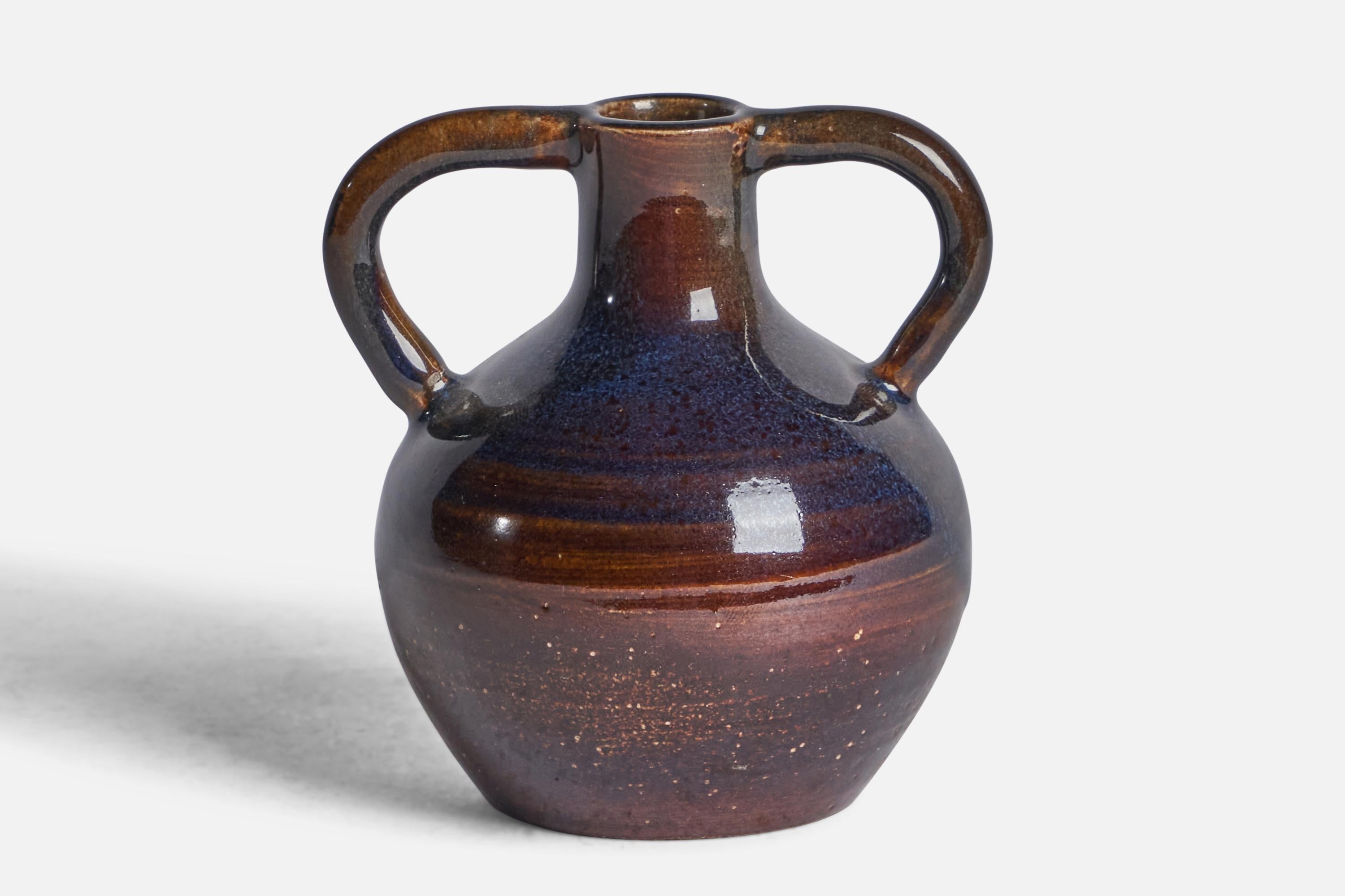 A black and brown-glazed ceramic vase designed and produced in Sweden, c. 1970s.