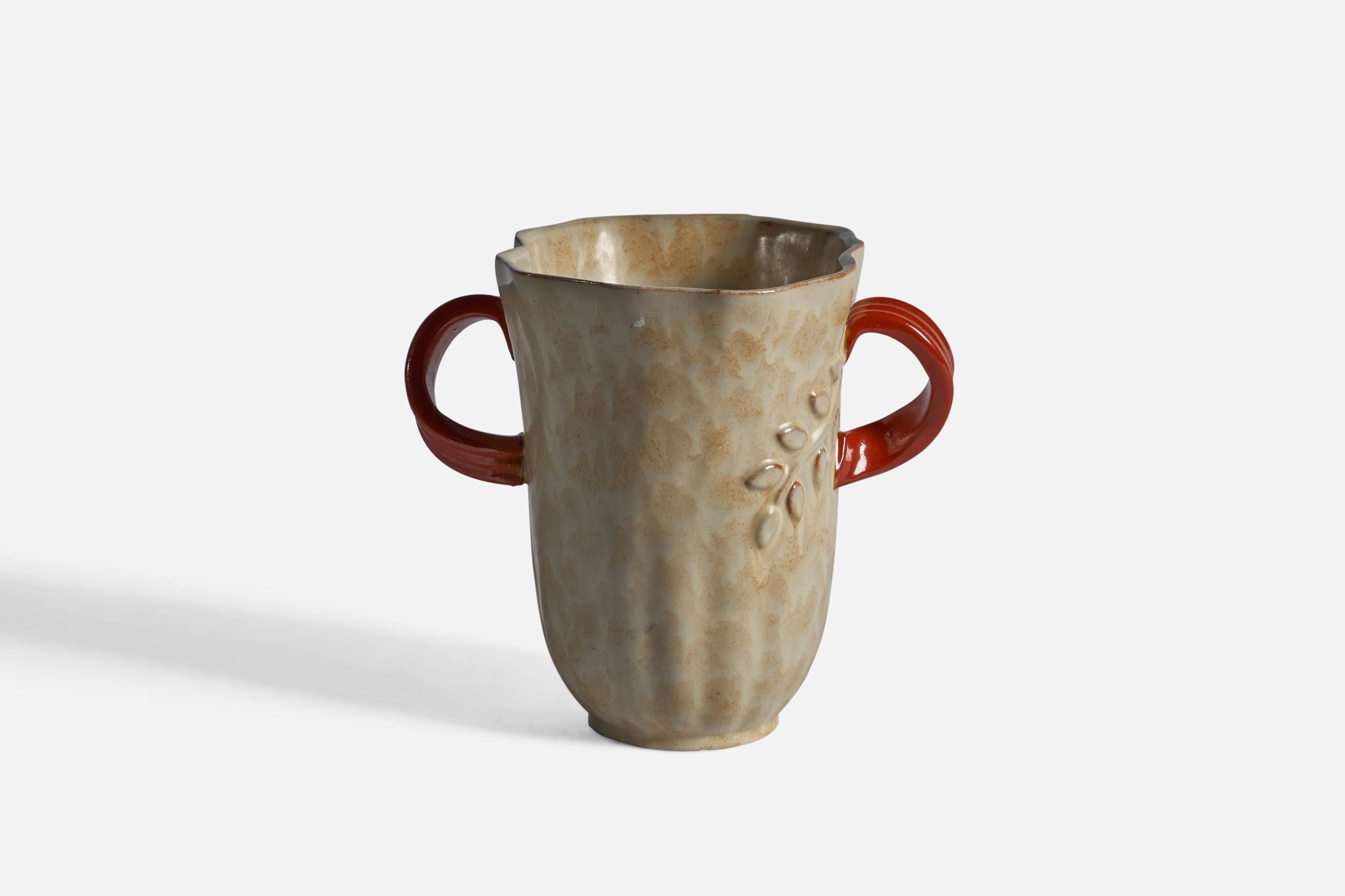 Vase en faïence émaillée orange et beige, conçu et produit en Suède, C.C.