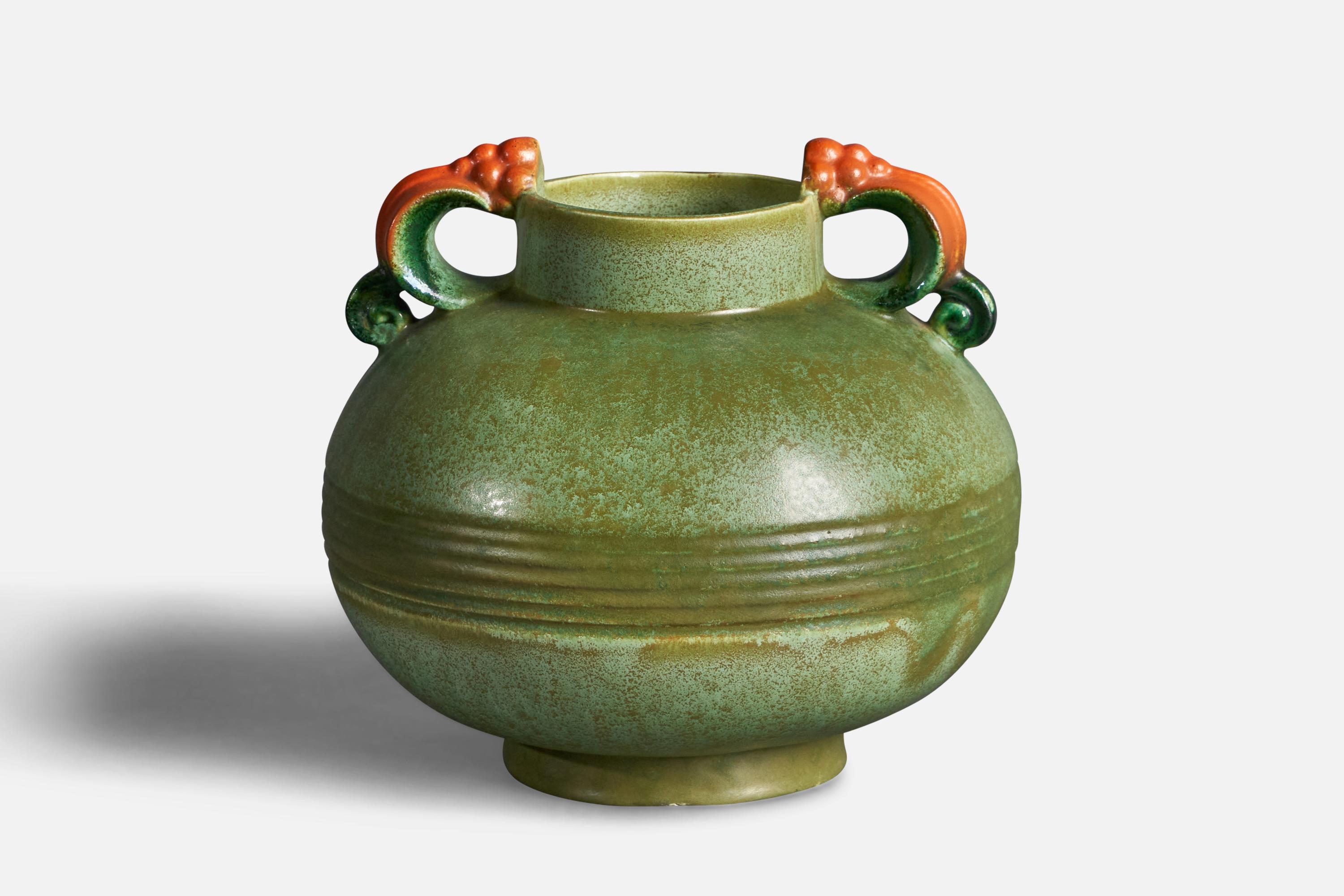 A green and orange-glazed earthenware vase designed and produced in Sweden, c. 1930s.