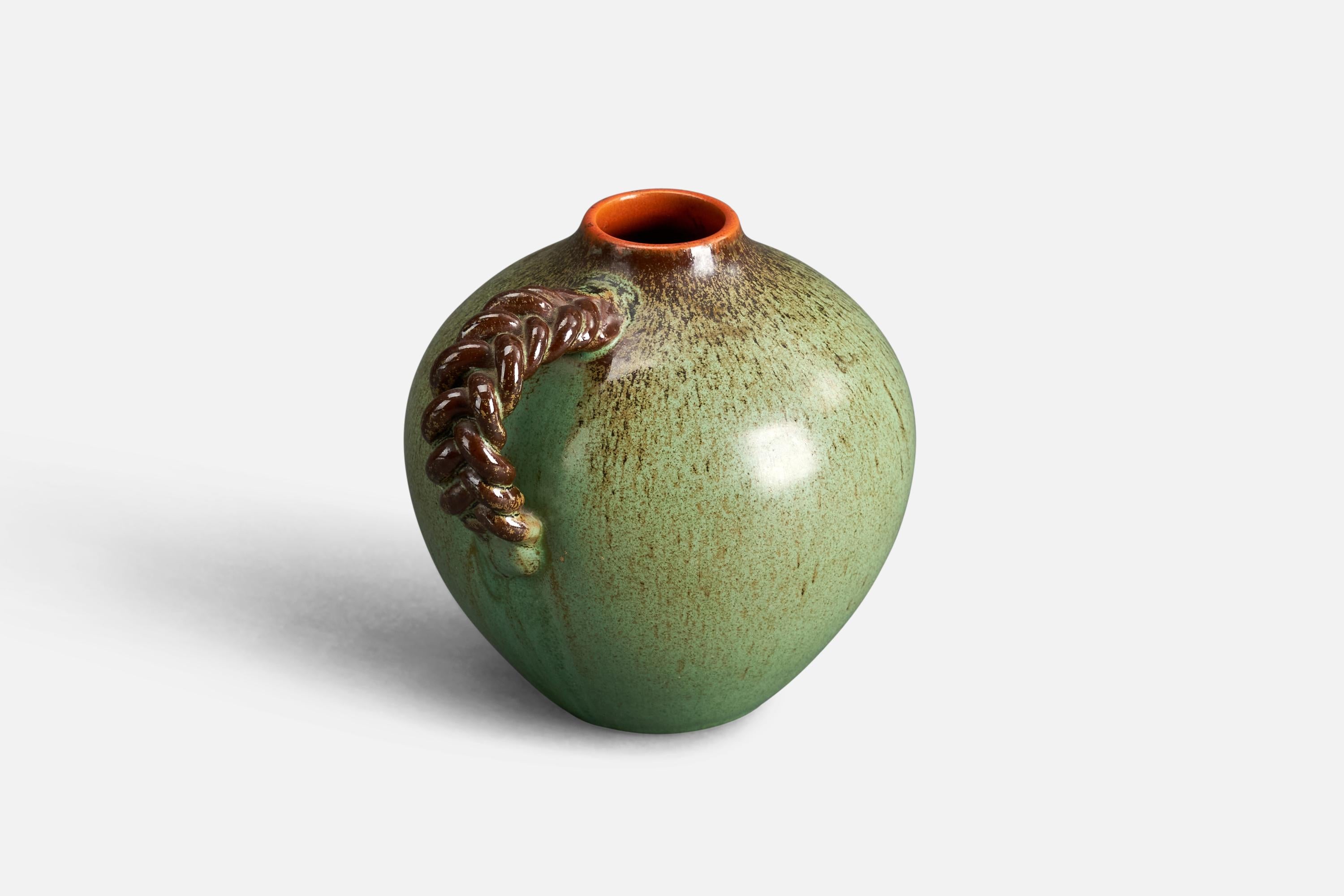 Scandinavian Modern Swedish Designer, Vase, Green and Brown-Glazed Earthenware, Sweden, 1940s For Sale