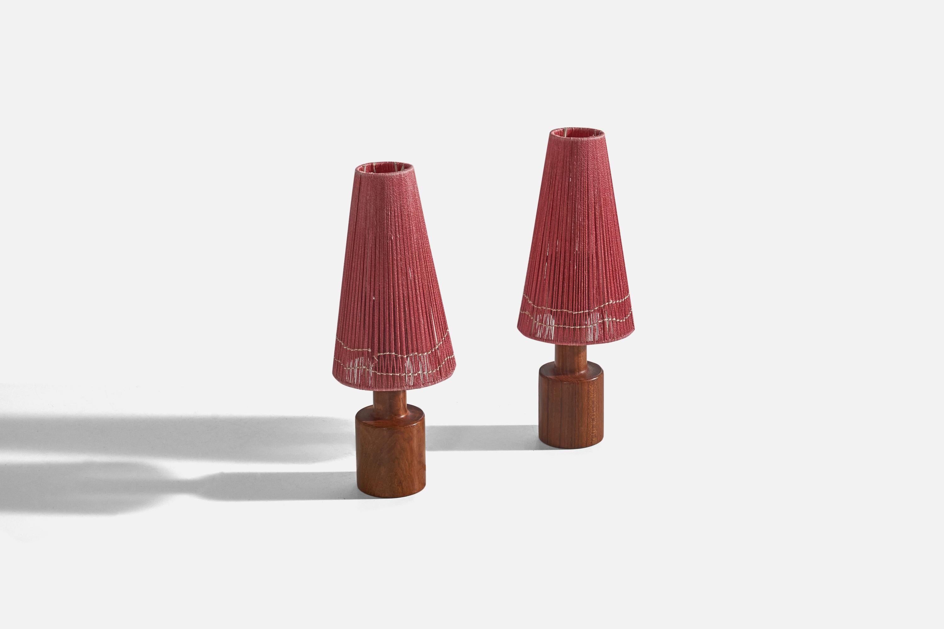 Modern Swedish Designer, Very Small Table Lamps, Teak, String, Sweden, 1950s