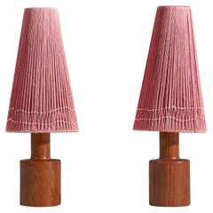 Swedish Designer, Very Small Table Lamps, Teak, String, Sweden, 1950s