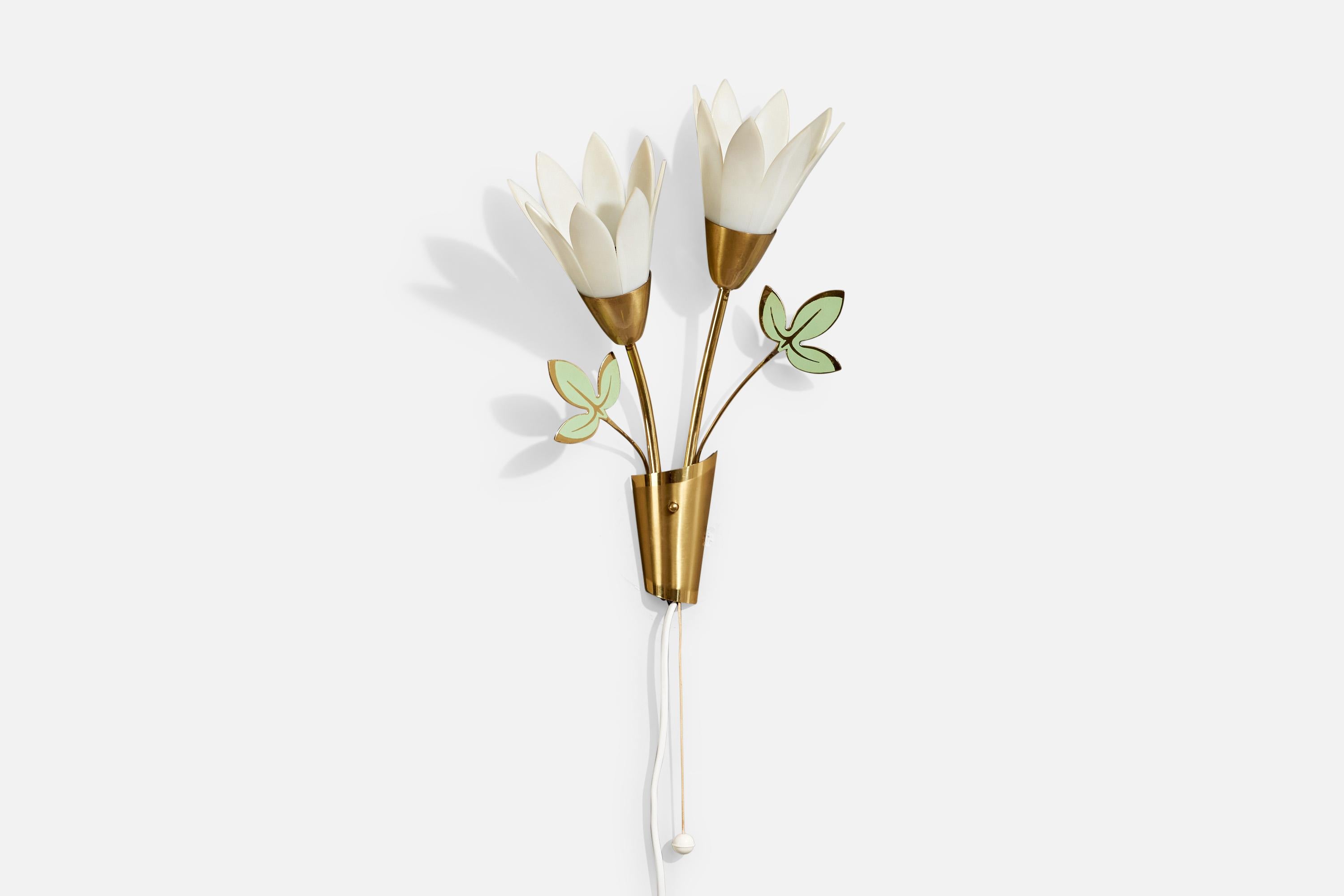 A brass and white acrylic wall light designed and produced in Sweden, c. 1970s.

Overall Dimensions (inches):  14.5” H x  9.5” W x  5“ D

Back Plate Dimensions (Inches):  2.75” H x 1.875” W

Bulb Specifications: E-14

Number of Sockets (per