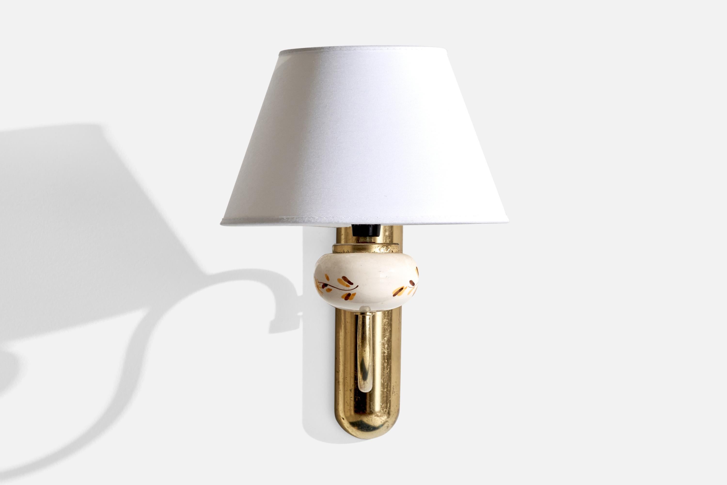 Scandinavian Modern Swedish Designer, Wall Light, Brass, Ceramic, Fabric, Sweden, 1950s For Sale