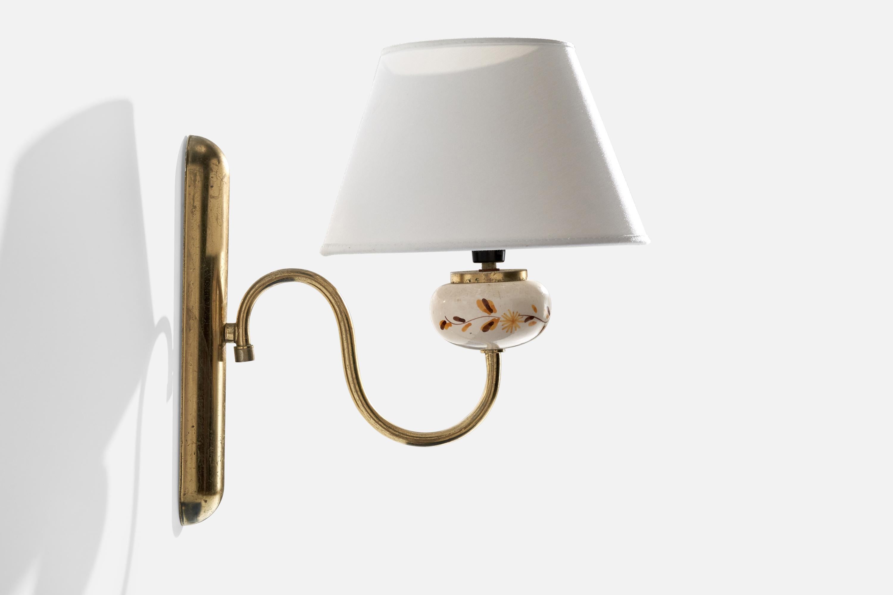 Swedish Designer, Wall Light, Brass, Ceramic, Fabric, Sweden, 1950s In Good Condition For Sale In High Point, NC