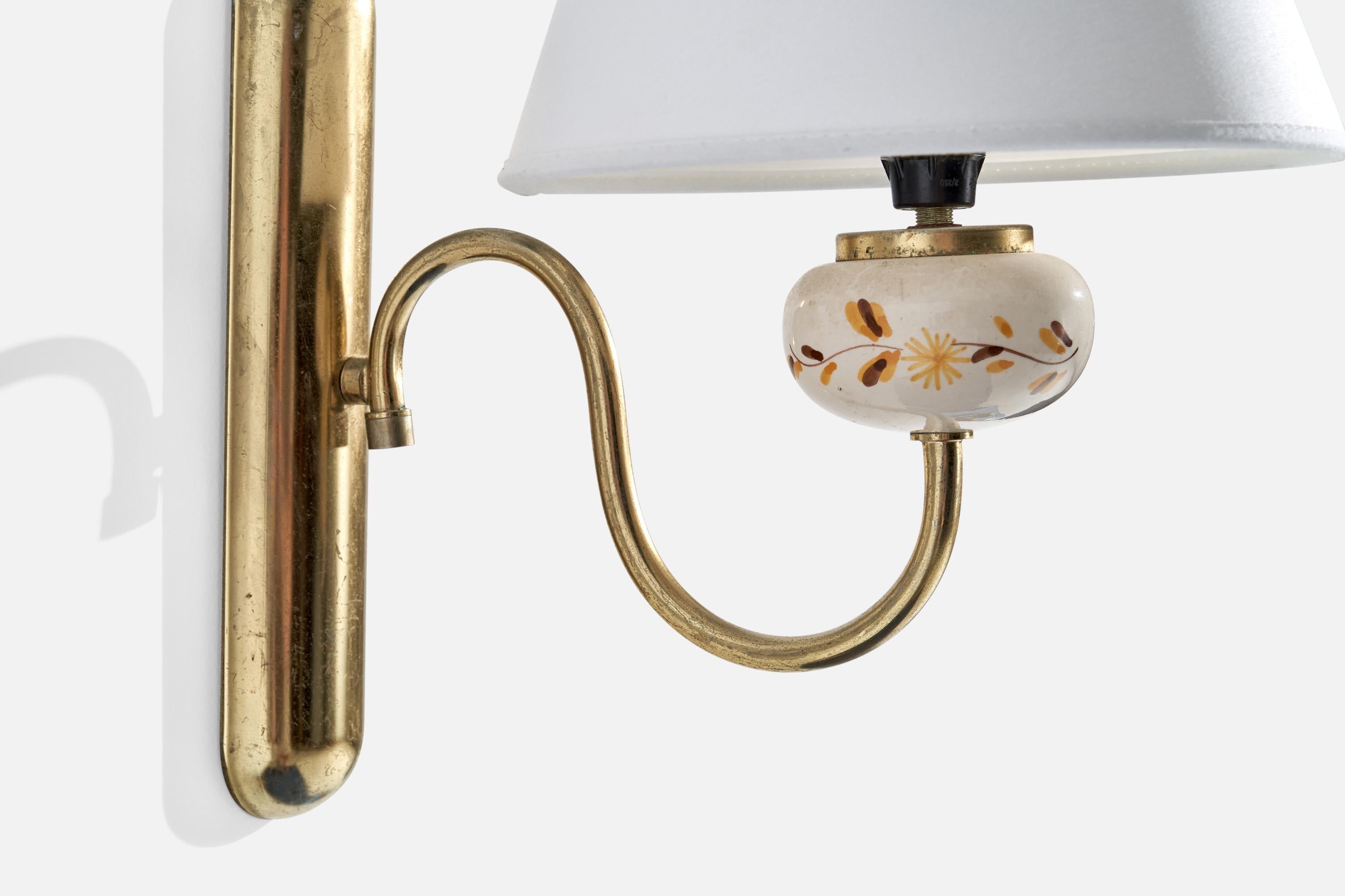 Mid-20th Century Swedish Designer, Wall Light, Brass, Ceramic, Fabric, Sweden, 1950s For Sale