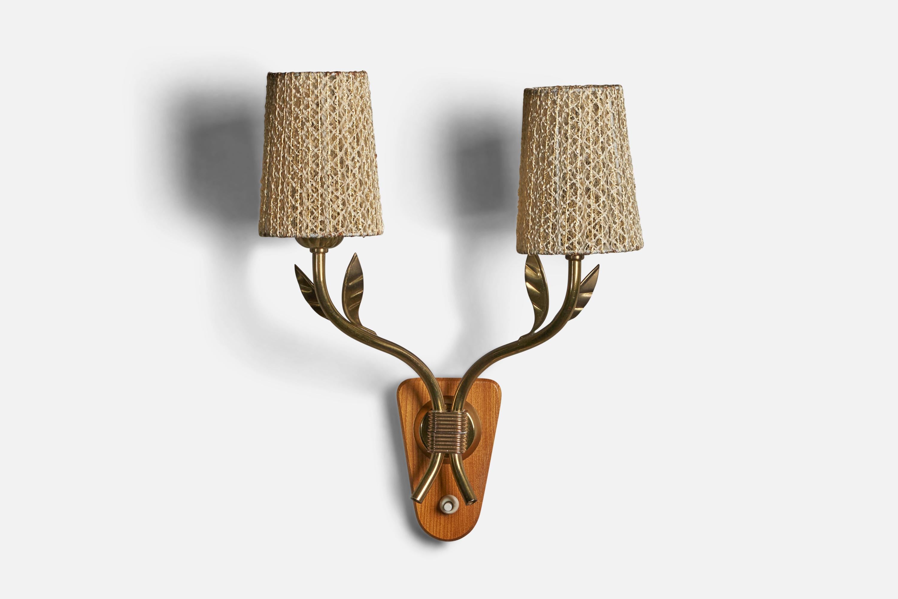 An organic two-armed elm, brass and fabric string wall light designed and produced in Sweden, 1940s. 

Overall Dimensions (inches): 15” H x 10.75” W x 6” D Back Plate Dimensions (inches): 5” H x 3.15” W x 0.75” D  Bulb Specifications: E-14 Bulb