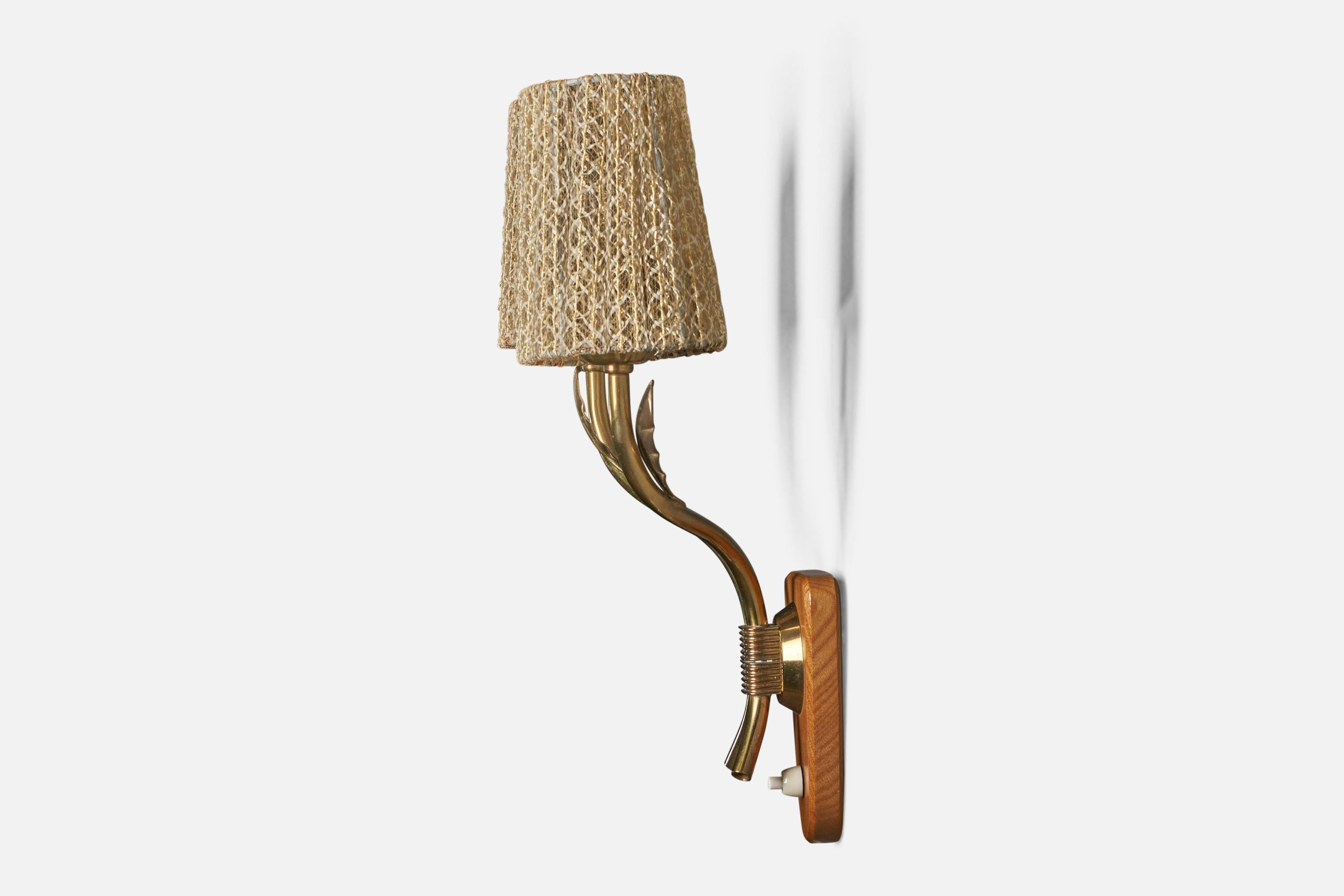 Mid-20th Century Swedish Designer, Wall Light, Brass, Elm, Fabric, Sweden, 1940s For Sale