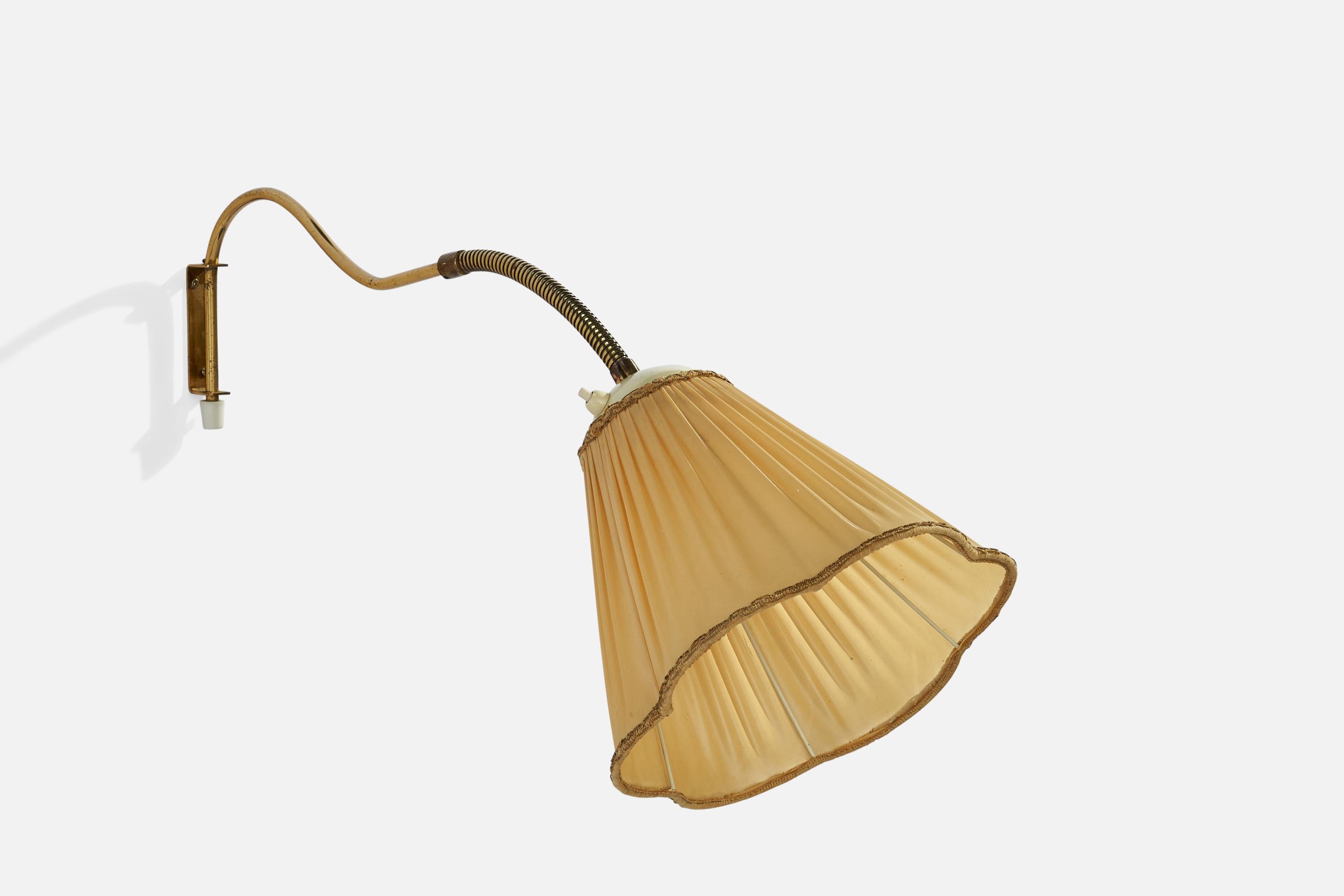 A brass and beige fabric wall light designed and produced in Sweden, 1940s.

Dimensions variable 

Overall Dimensions (inches): 14” H x 20” W x 23.50”  D
Back Plate Dimensions (inches): 3.5”  H x .75” W x .25”  D
Bulb Specifications: E-26