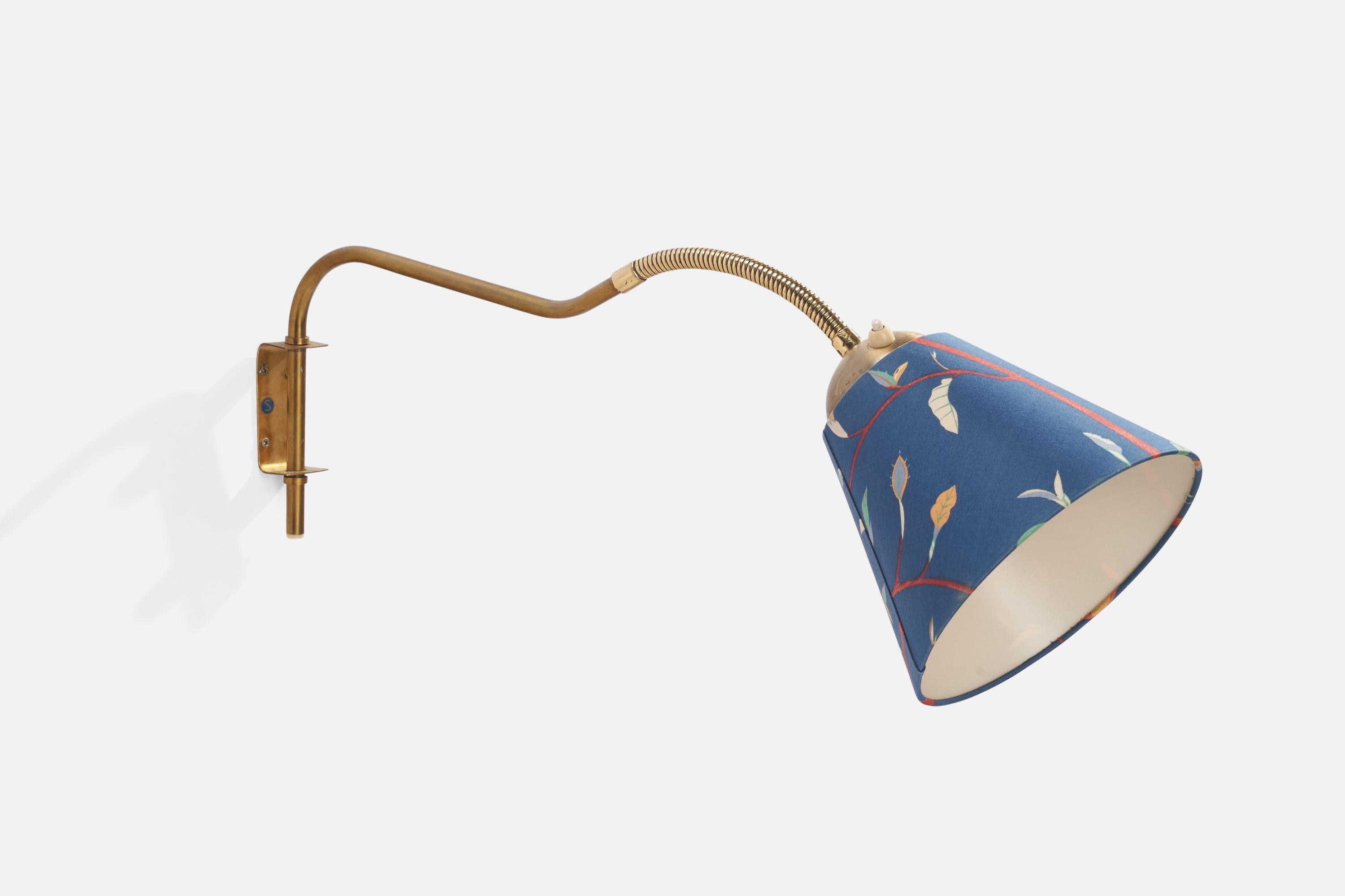 A brass and fabric wall light designed and produced in Sweden, 1940s.

Lamp configured for plug in with cord feeding visibly from bottom of stem.
Overall Dimensions (inches): 8.5” H x 17” W x 25”  D
Back Plate Dimensions (inches): 3.5”  H x 1.5” W x