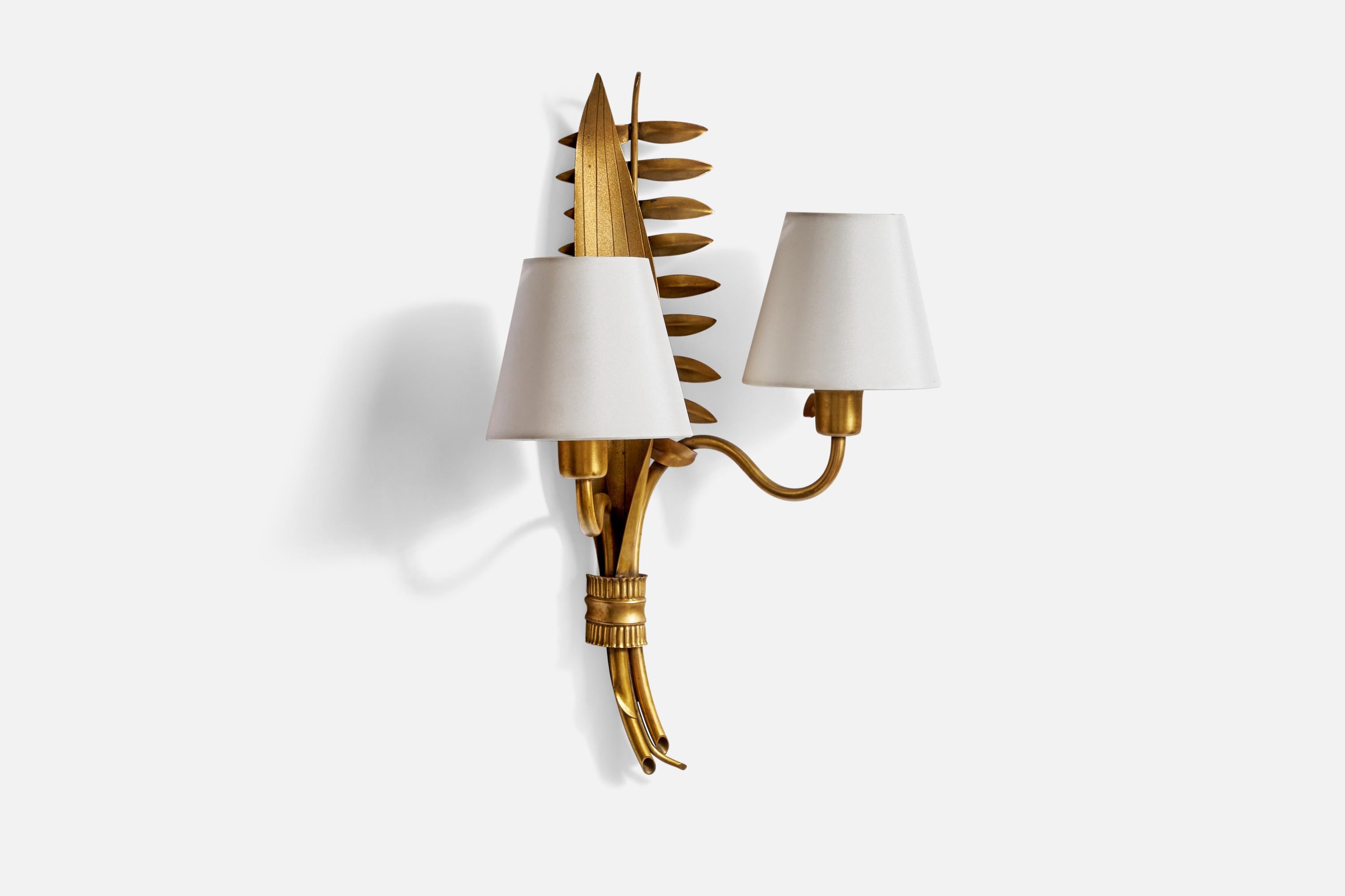 A gold-painted brass wall light designed and produced in Sweden, 1940s.

Overall Dimensions (inches): 18” H x 12” W x 7”  D
Back Plate Dimensions (inches): N/A
Bulb Specifications: E-14 Bulb
Number of Sockets: 2
All lighting will be converted for US