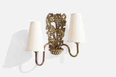 Swedish Designer, Wall Light, Brass, Fabric, Sweden, 1940s