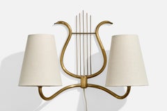 Swedish Designer, Wall Light, Brass, Fabric, Sweden, 1940s