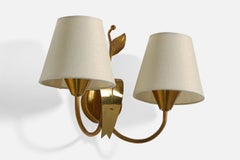 Schwedische Designerin, Wandleuchte, Messing, Stoff, Schweden, 1940er Jahre