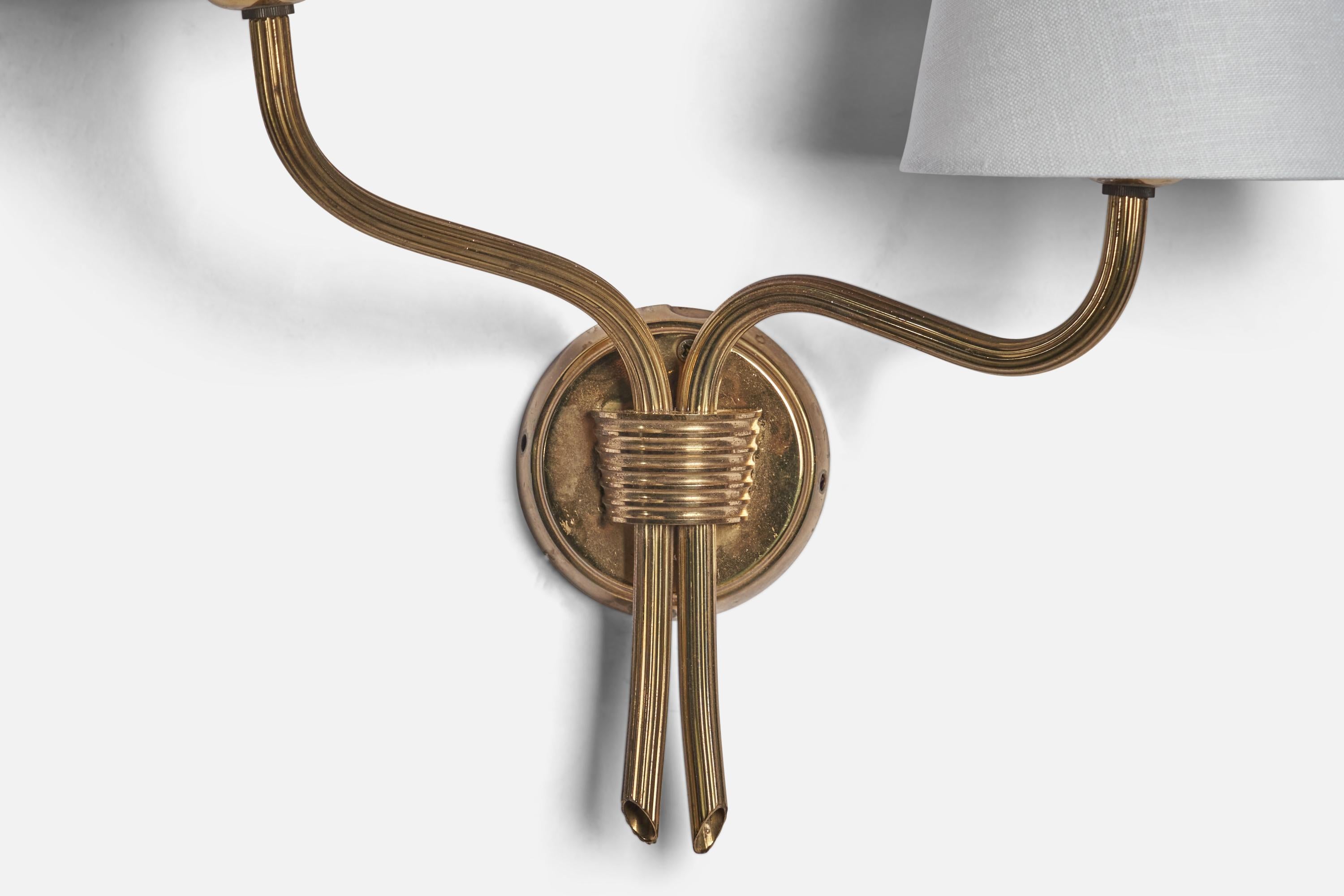 Mid-Century Modern Swedish Designer, Wall Light, Brass, Fabric, Sweden, 1940s For Sale