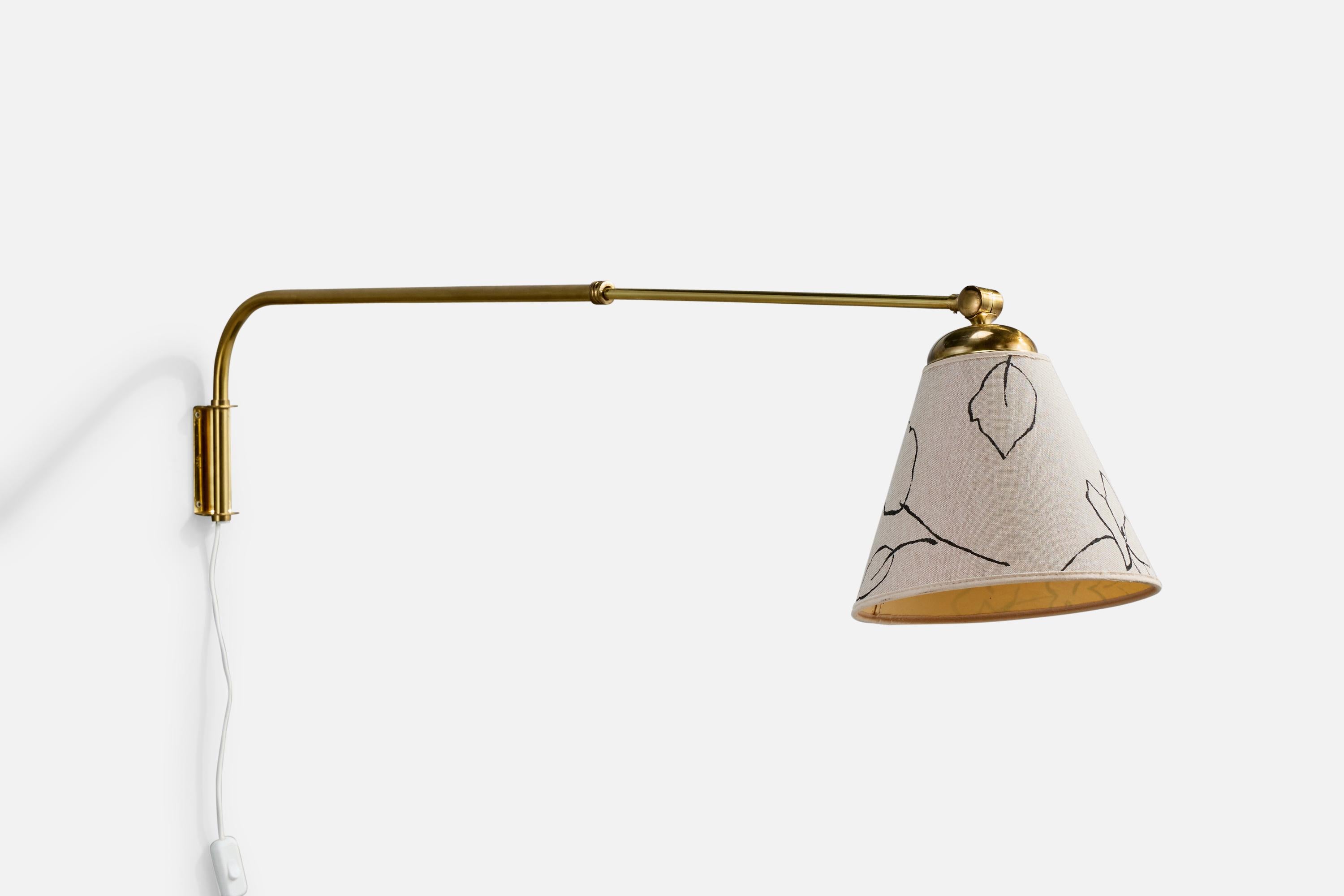 Scandinavian Modern Swedish Designer, Wall Light, Brass, Fabric, Sweden, 1940s For Sale