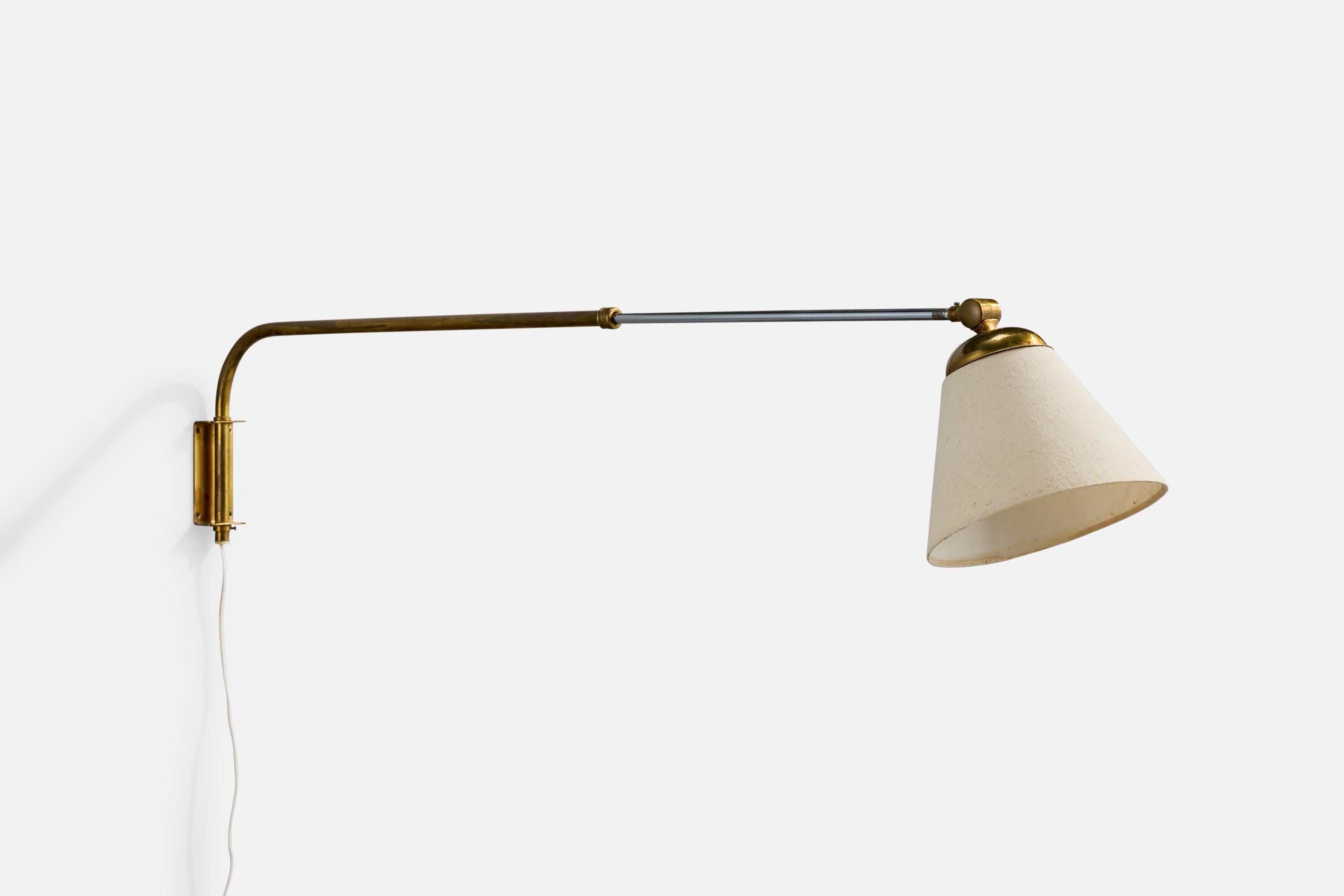 Scandinavian Modern Swedish Designer, Wall Light, Brass, Fabric, Sweden, 1940s For Sale