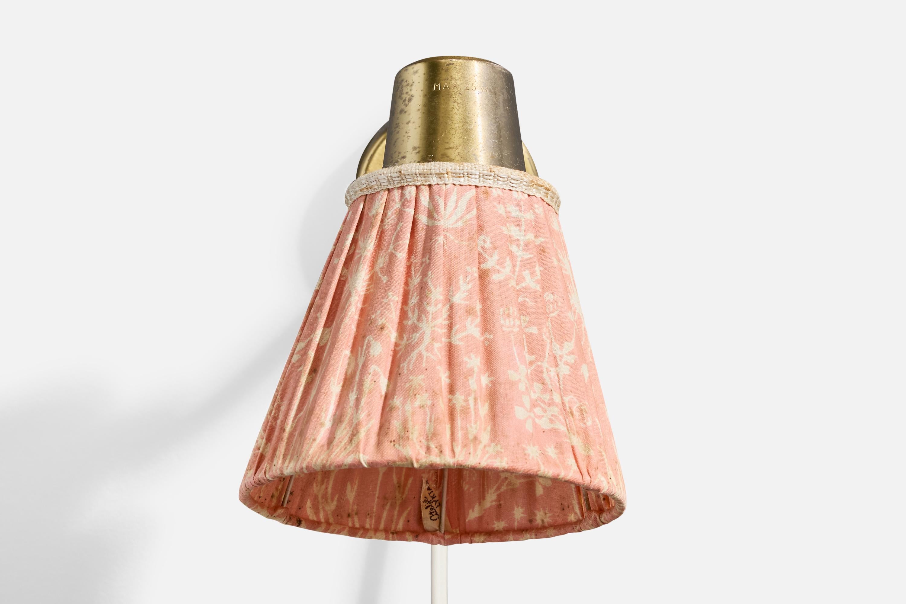 Mid-Century Modern Swedish Designer, Wall Light, Brass, Fabric, Sweden, 1940s For Sale
