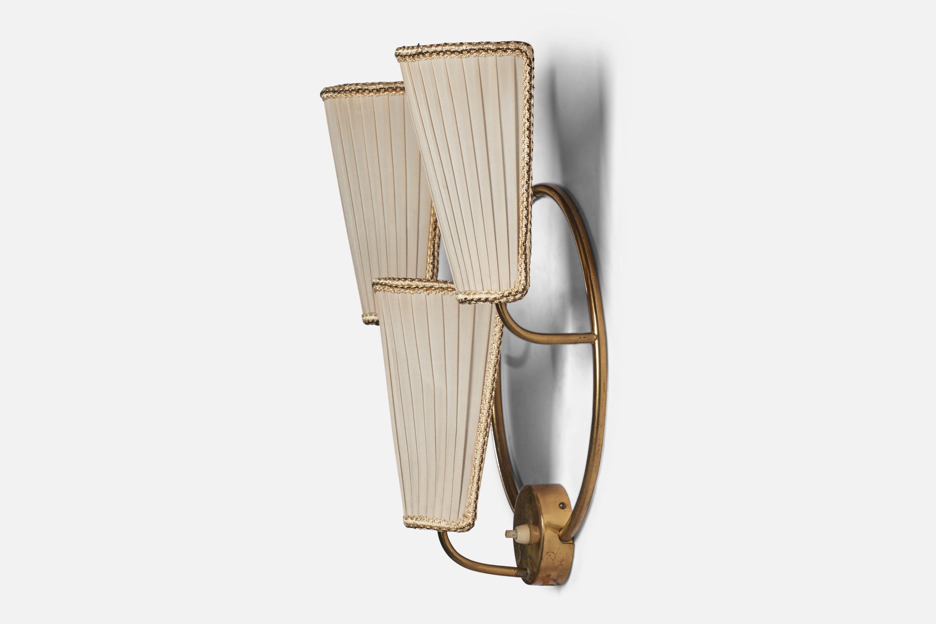 Swedish Designer, Wall Light, Brass, Fabric, Sweden, 1940s In Good Condition In High Point, NC