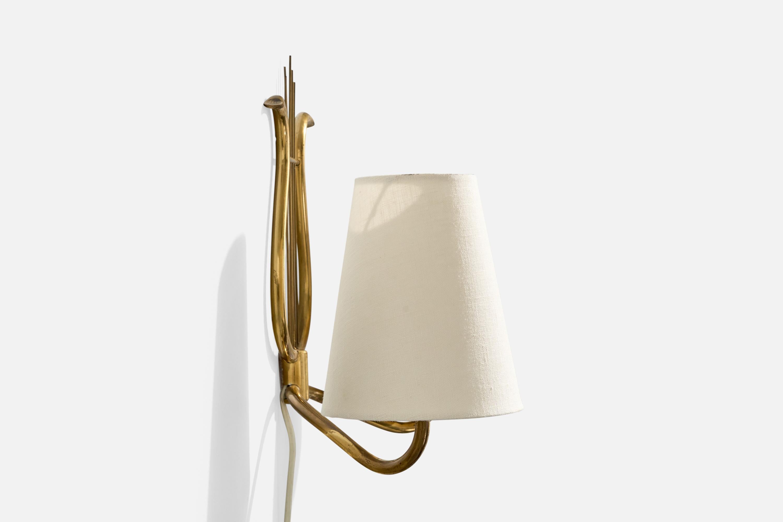 Mid-20th Century Swedish Designer, Wall Light, Brass, Fabric, Sweden, 1940s For Sale