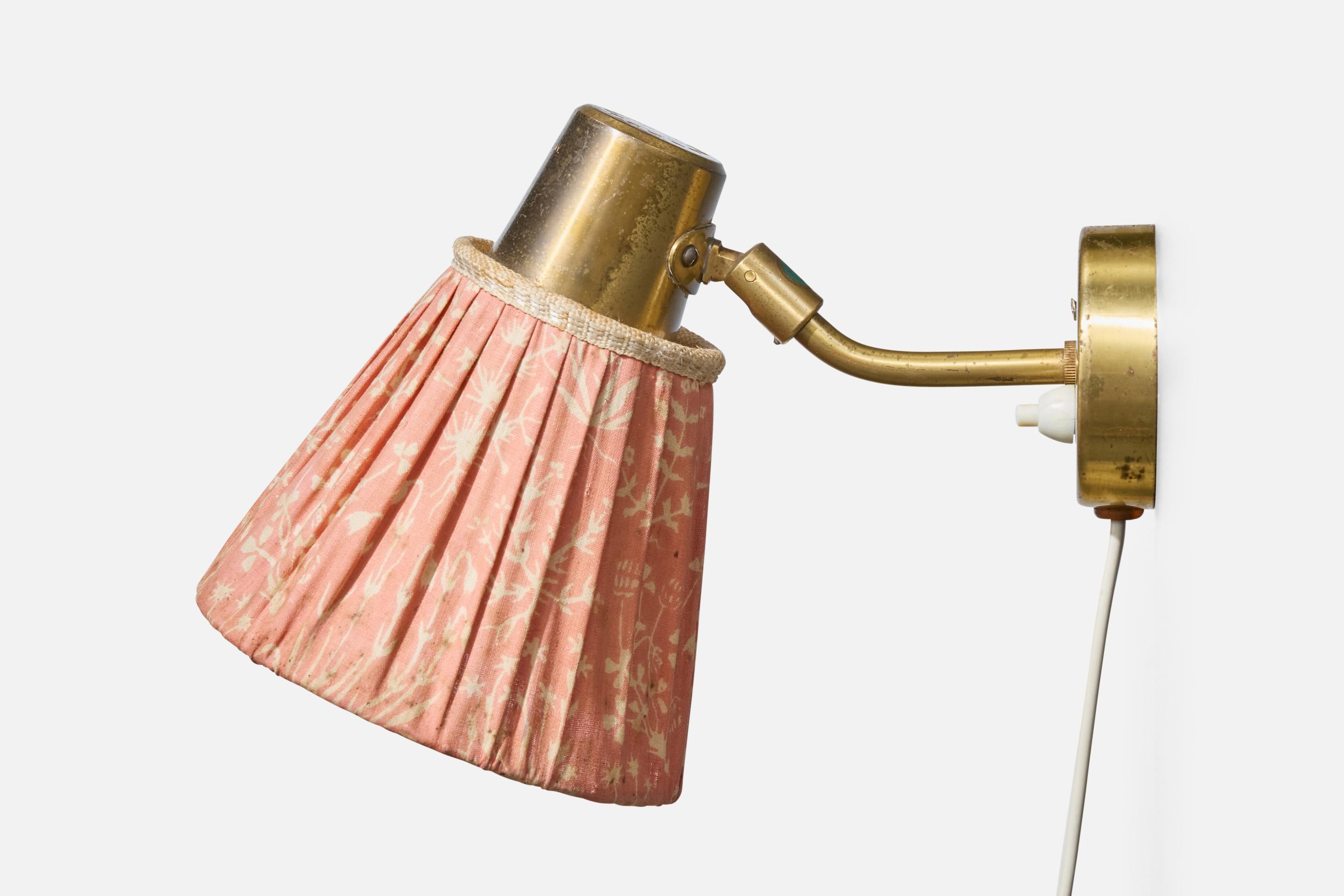 Swedish Designer, Wall Light, Brass, Fabric, Sweden, 1940s In Fair Condition For Sale In High Point, NC