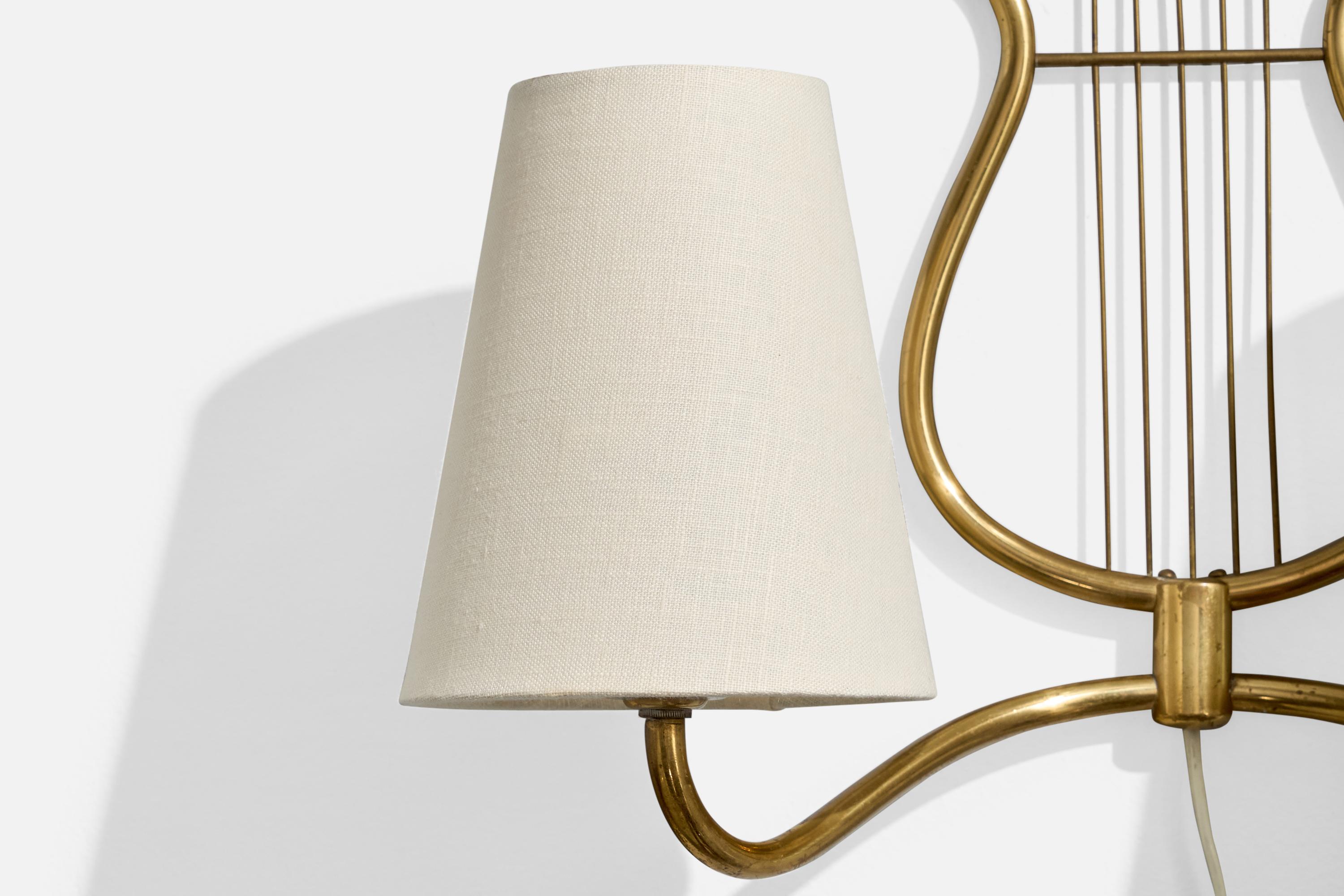 Swedish Designer, Wall Light, Brass, Fabric, Sweden, 1940s For Sale 1
