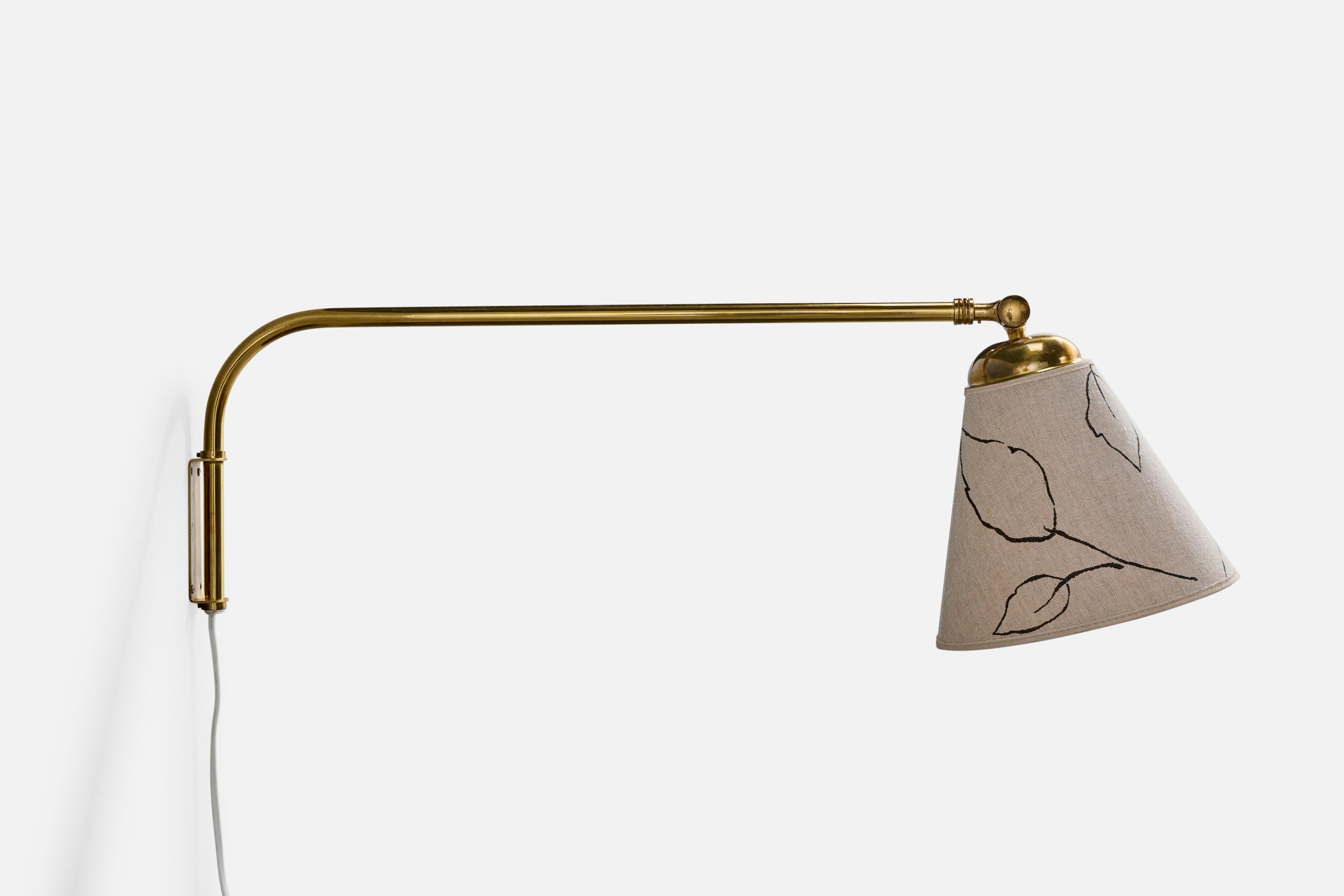 Mid-20th Century Swedish Designer, Wall Light, Brass, Fabric, Sweden, 1940s For Sale