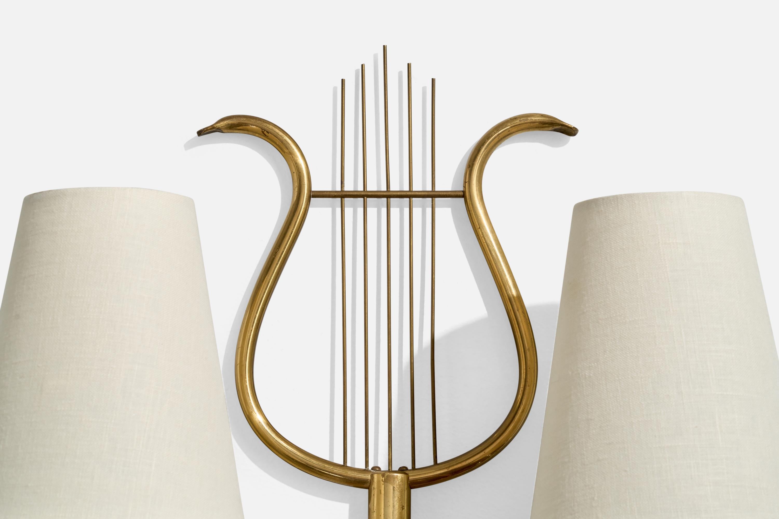 Swedish Designer, Wall Light, Brass, Fabric, Sweden, 1940s For Sale 2