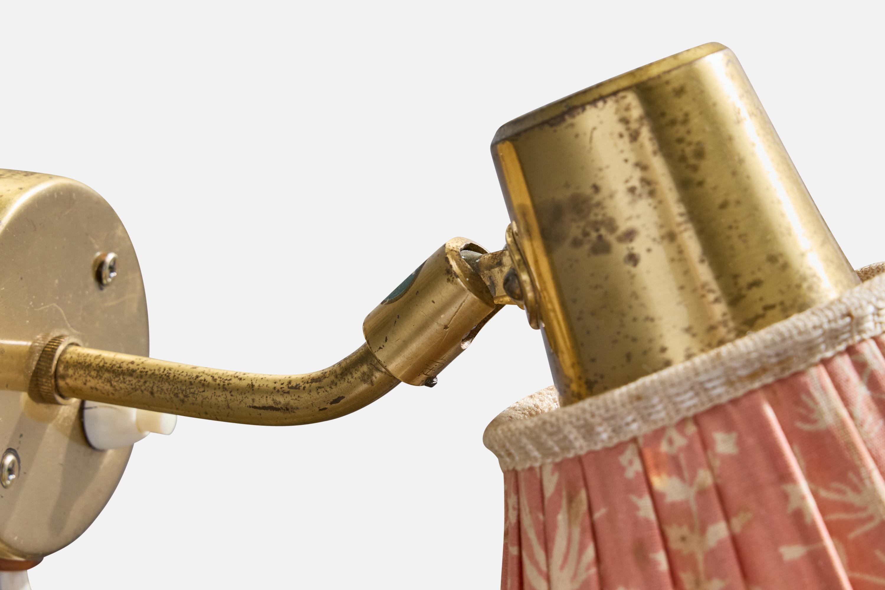 Swedish Designer, Wall Light, Brass, Fabric, Sweden, 1940s For Sale 1