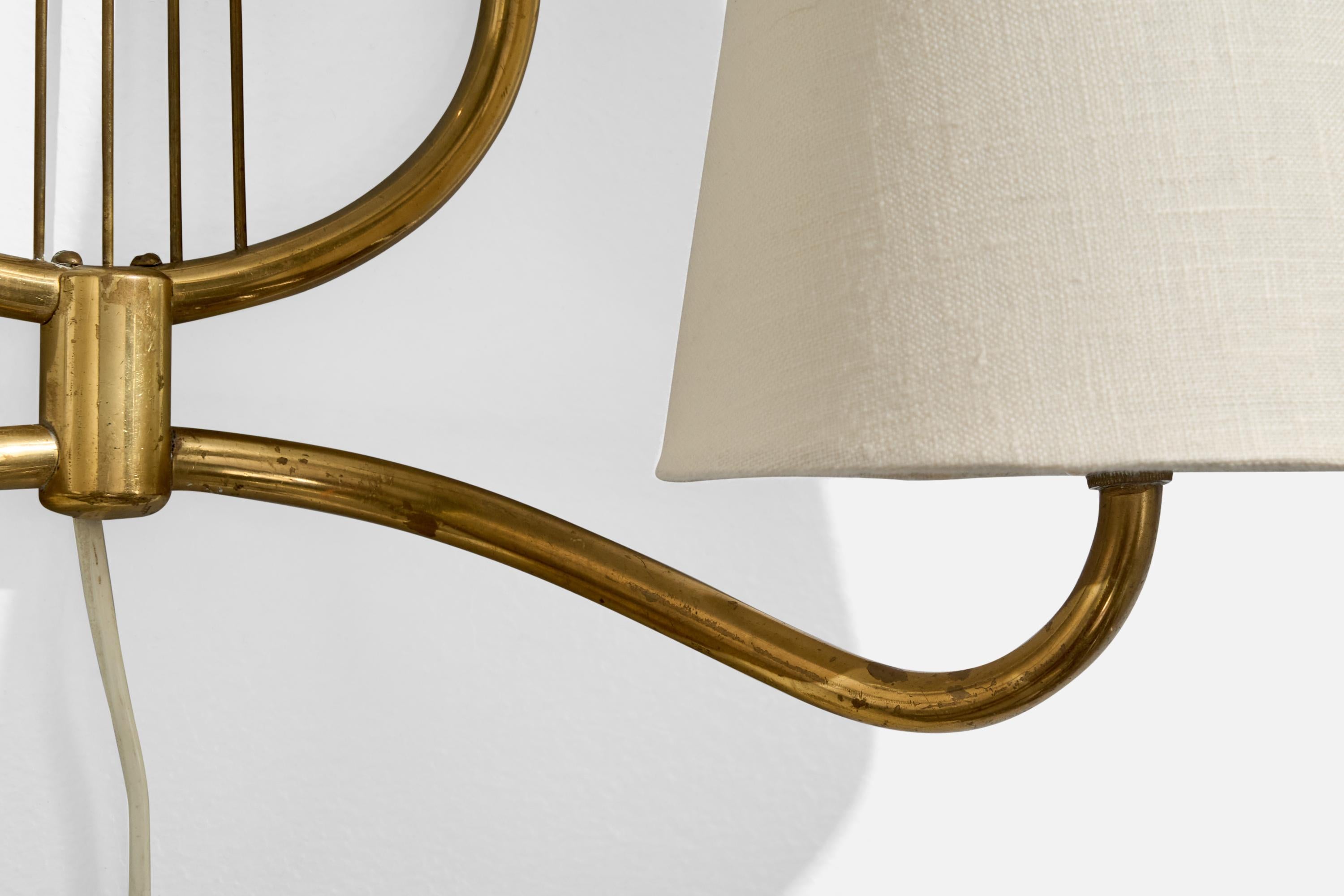 Swedish Designer, Wall Light, Brass, Fabric, Sweden, 1940s For Sale 3