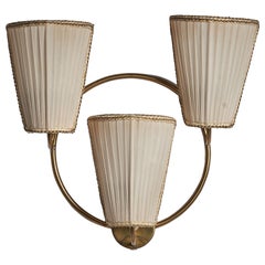 Swedish Designer, Wall Light, Brass, Fabric, Sweden, 1940s