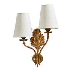 Swedish Designer, Wall Light, Brass, Fabric, Sweden, 1940s