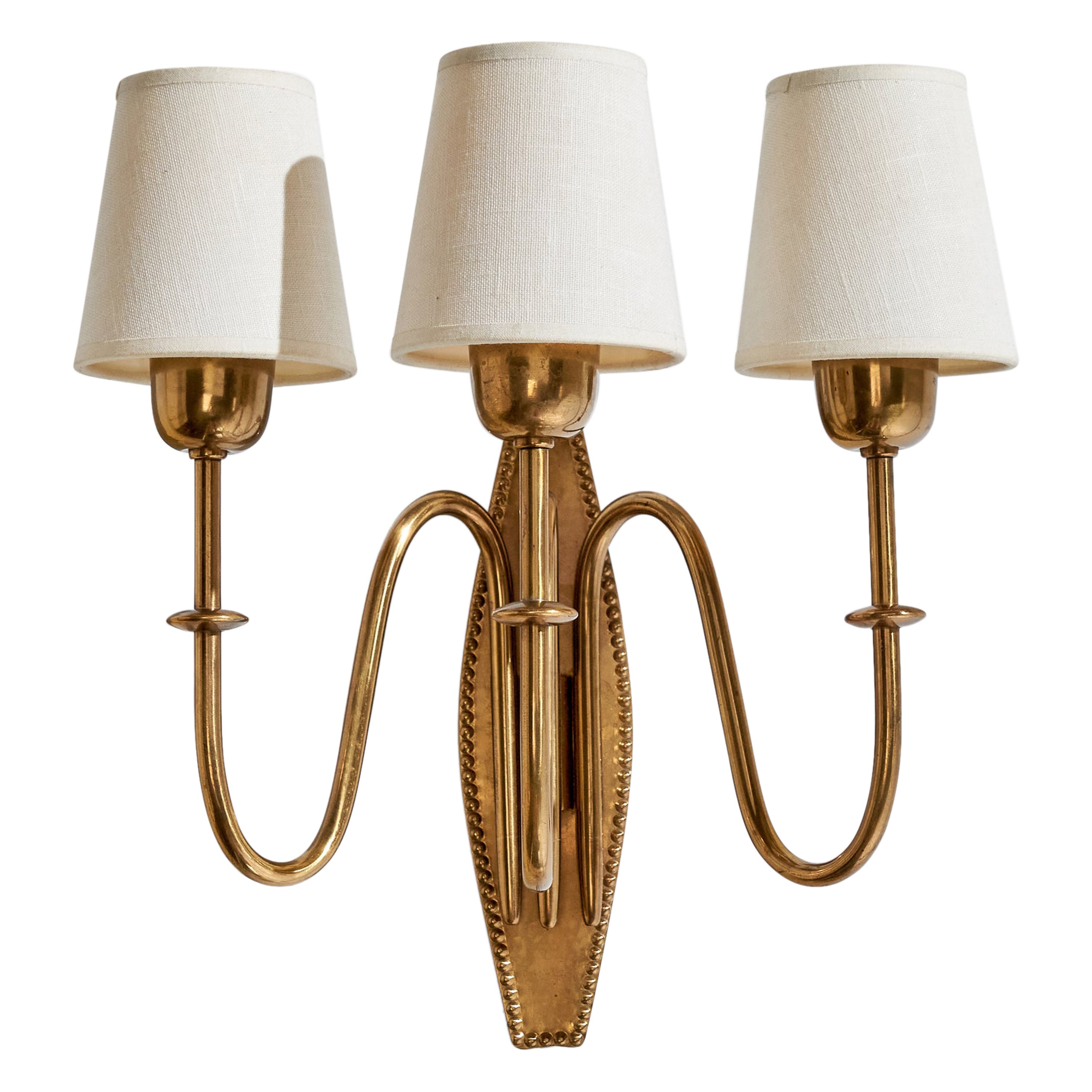 Swedish Designer, Wall Light, Brass, Fabric, Sweden, 1940s