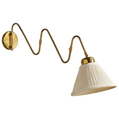 Swedish Designer, Wall Light, Brass, Fabric, Sweden, 1940s
