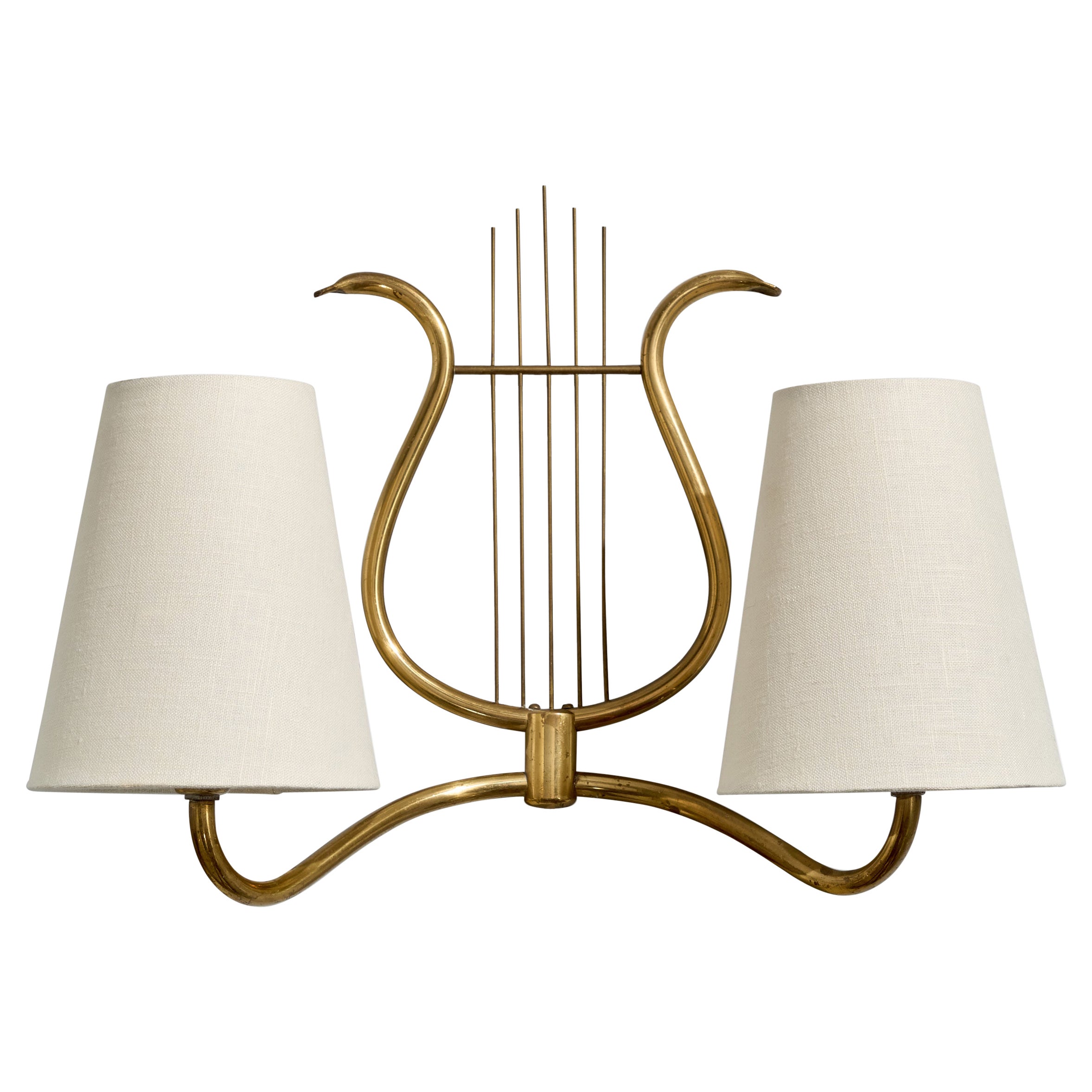 Swedish Designer, Wall Light, Brass, Fabric, Sweden, 1940s For Sale