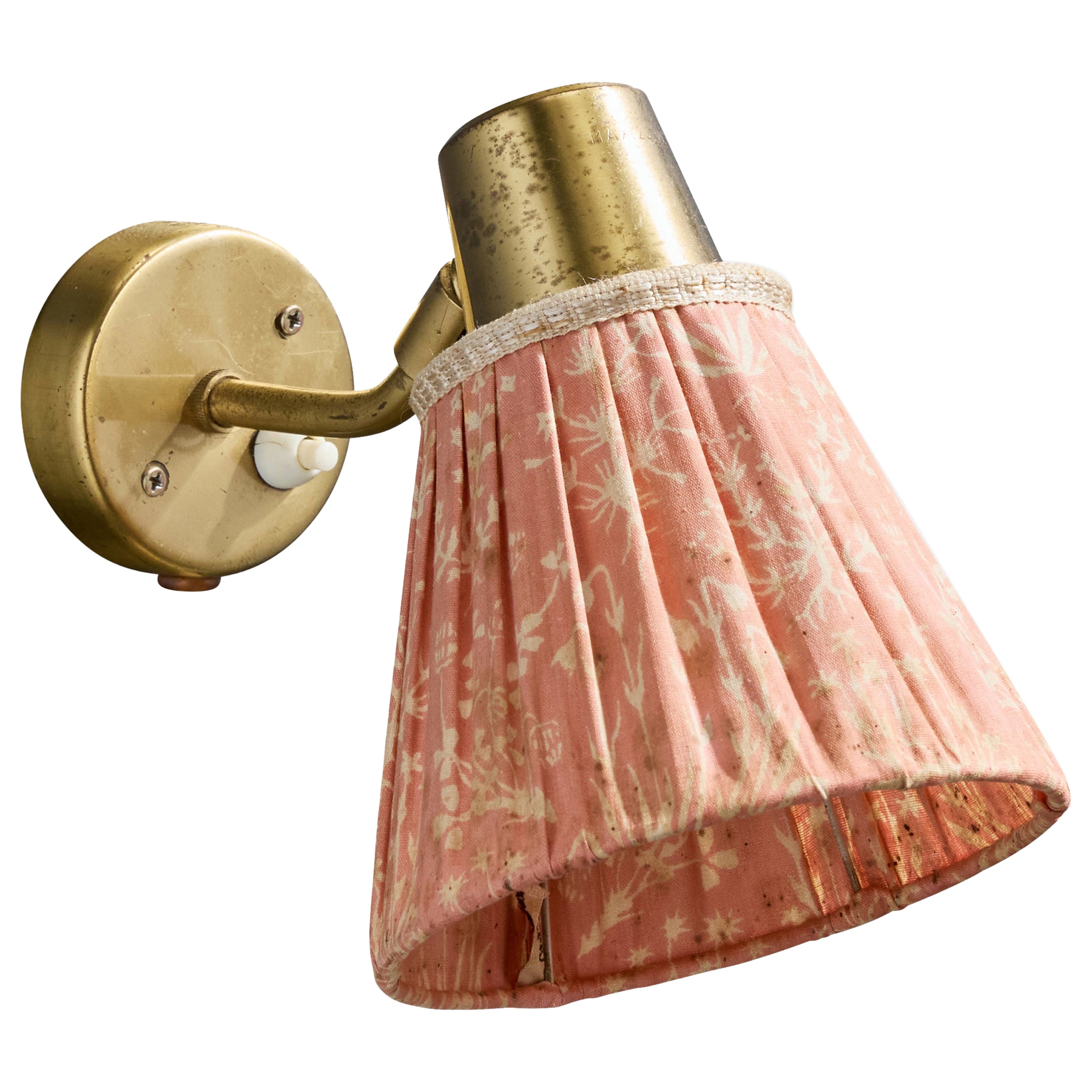 Swedish Designer, Wall Light, Brass, Fabric, Sweden, 1940s For Sale