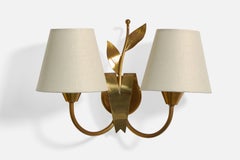 Schwedische Designerin, Wandleuchte, Messing, Stoff, Schweden, 1940er Jahre