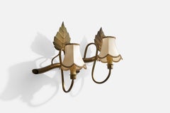 Swedish Designer, Wall Light, Brass, Fabric, Sweden, 1950s