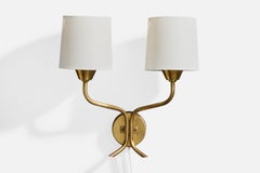 Schwedische Designerin, Wandleuchte, Messing, Stoff, Schweden, 1950er Jahre